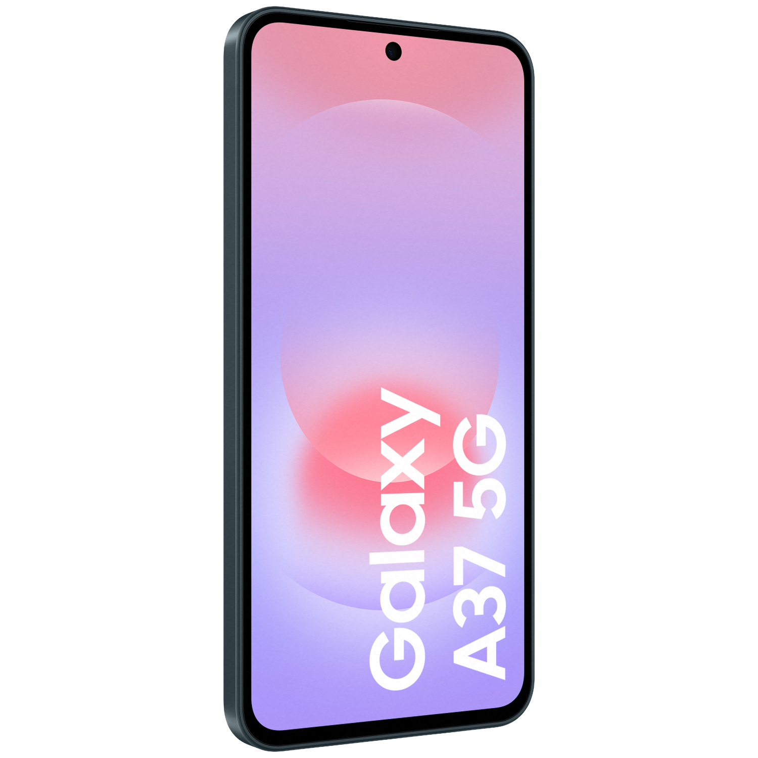 Un smartphone sombre avec un fond violet et rose. Galaxy A37 5G.