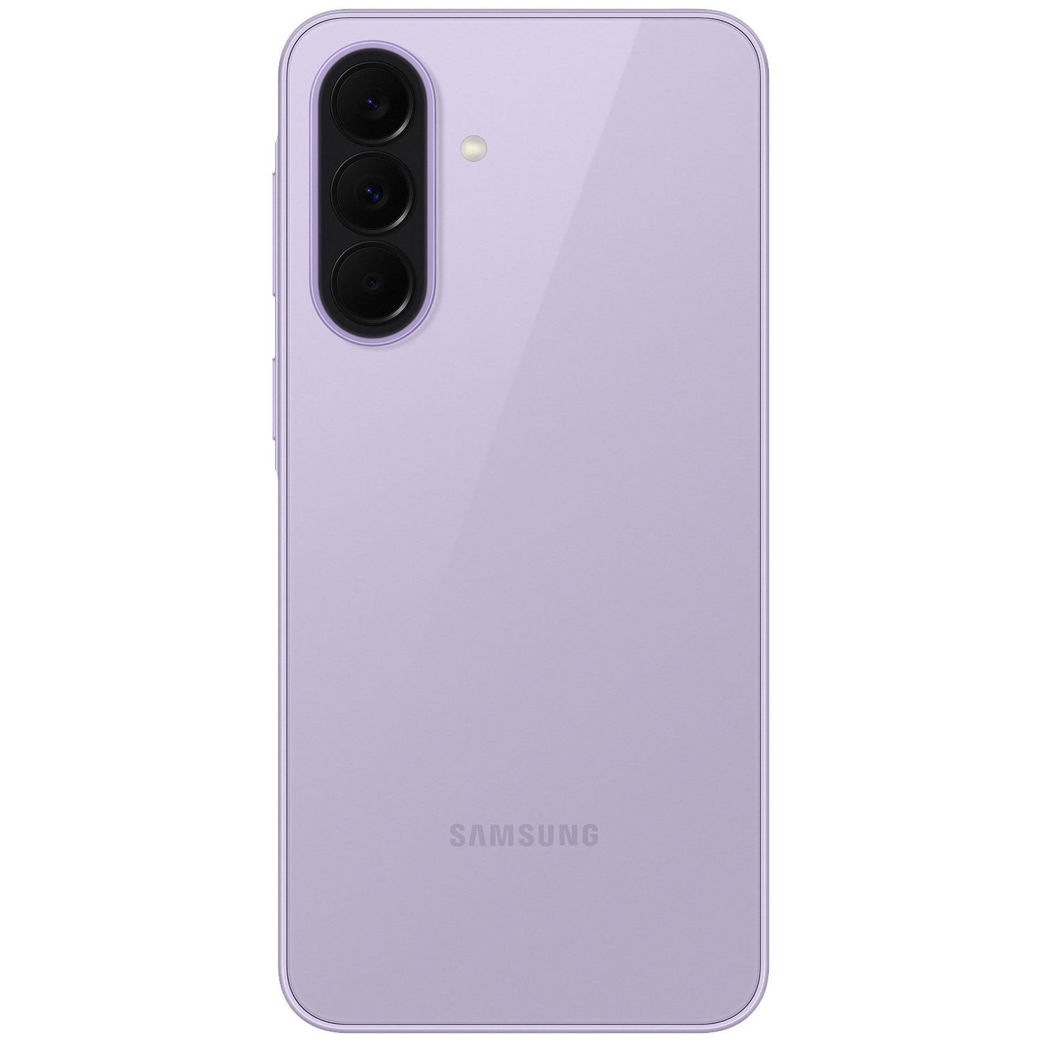 Un smartphone Samsung violet avec trois caméras arrière et un flash.