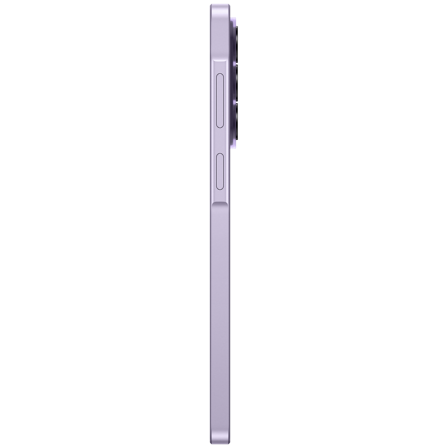 Smartphone violet de profil, montrant les boutons et les caméras arrière.