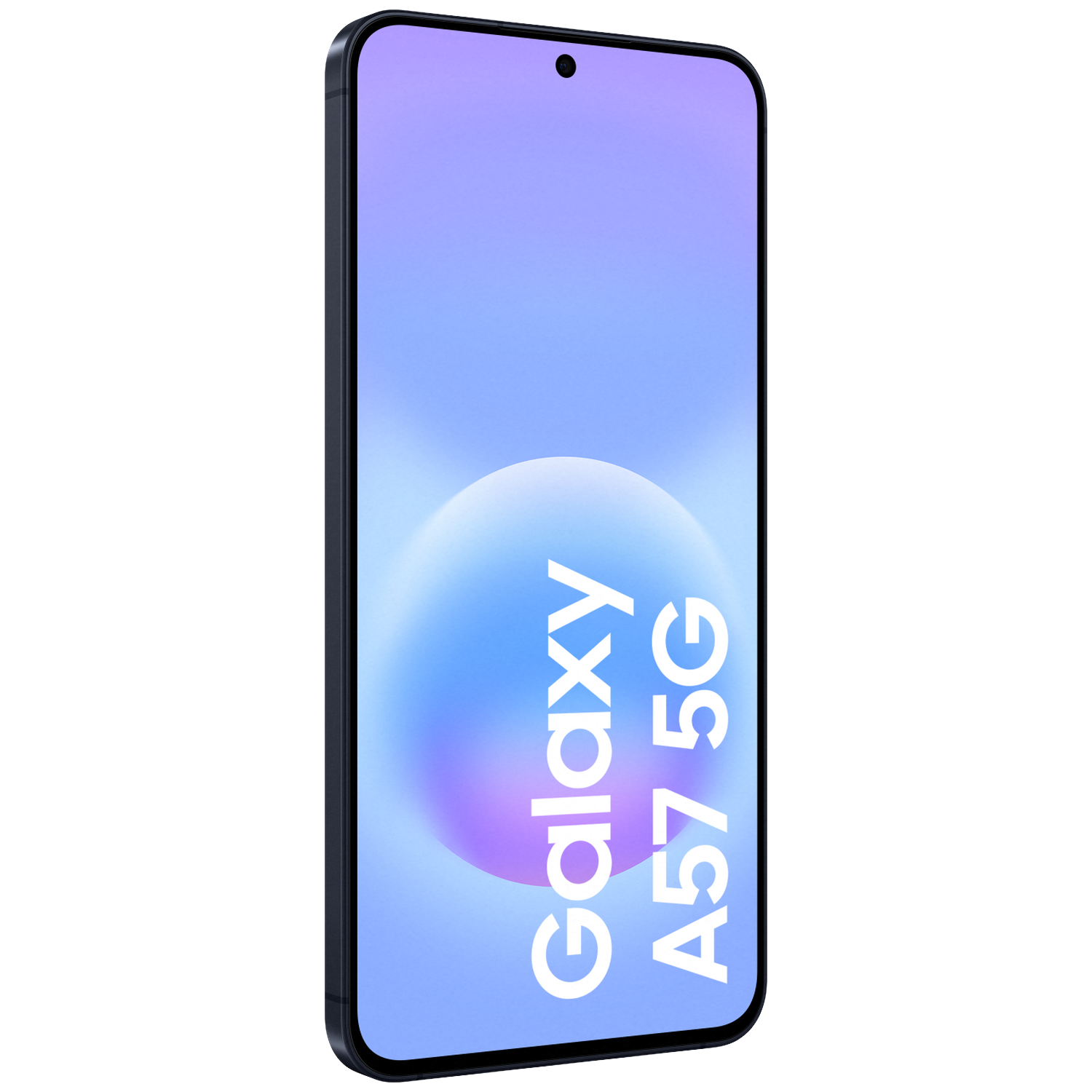 A dark grey smartphone displaying 'Galaxy A57 5G' on a pale blue and purple gradient screen.