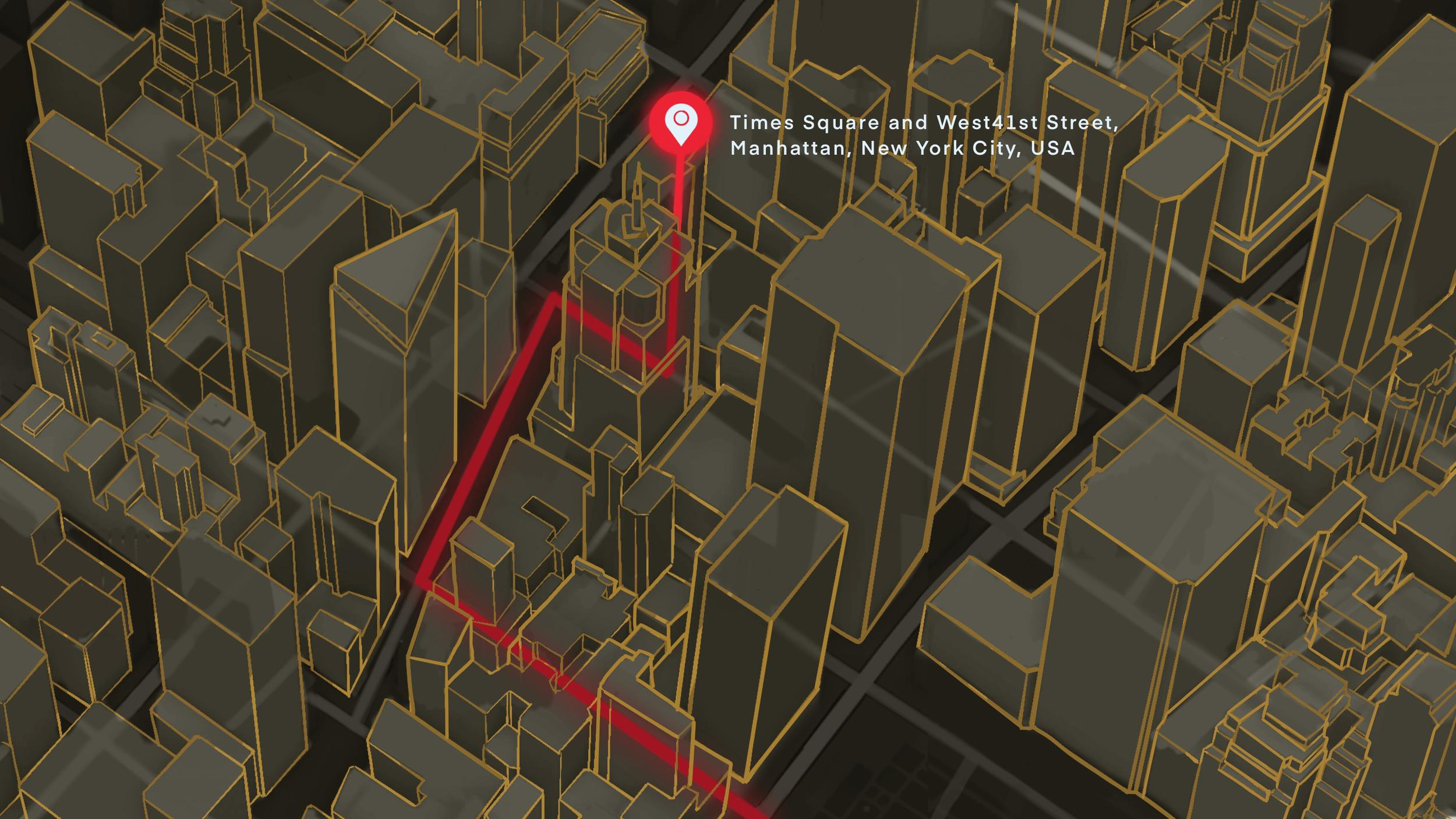 3D-Karte von NYC-Gebäuden mit einer roten Routenmarkierung am Times Square.