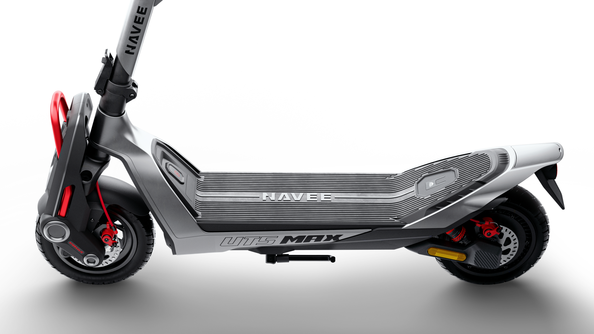 Ein silberner Navee E-Scooter mit roten Akzenten auf weißem Hintergrund.