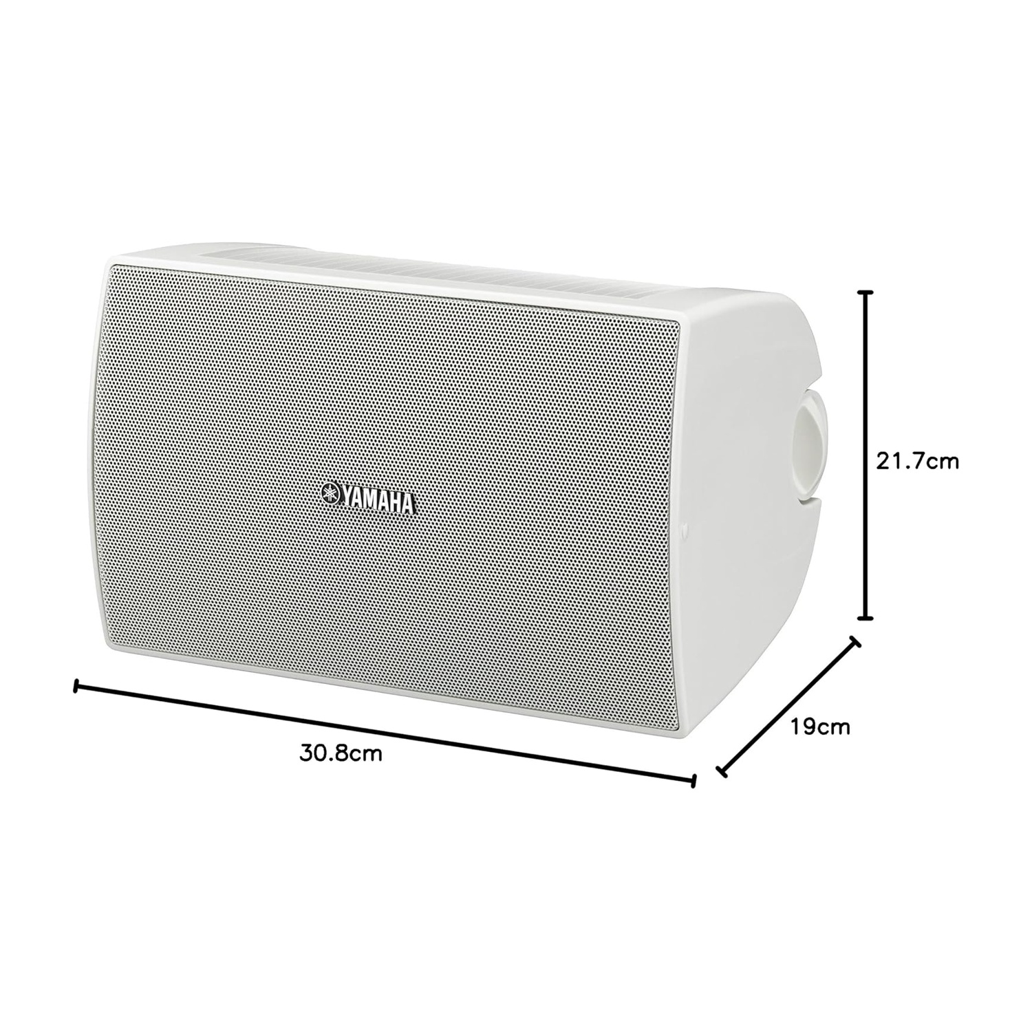 Altoparlante Yamaha bianco con dimensioni 30,8 cm x 21,7 cm x 19 cm.