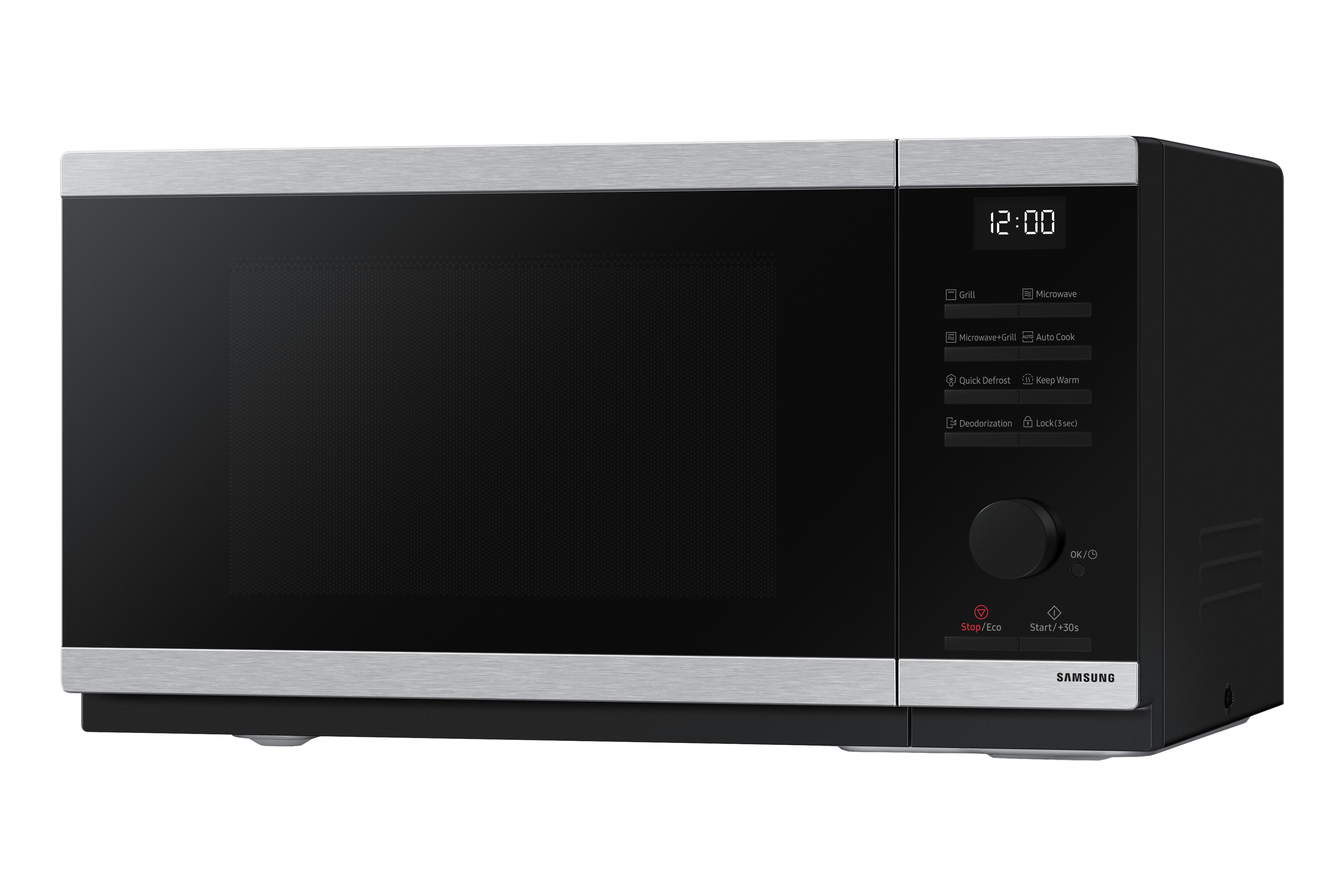 Microondas negro con ribete plateado, pantalla digital, botones y dial. Logo Samsung.