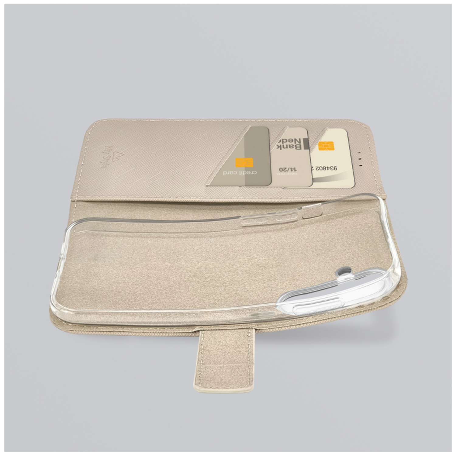 A beige wallet with card slots and a clear phone holder.