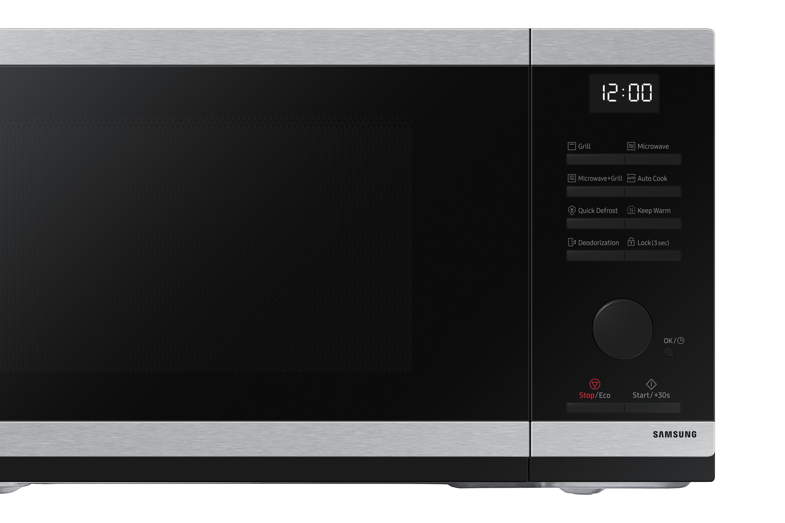 Un microondas Samsung moderno con pantalla digital que muestra las 12:00. Panel de control con botones.