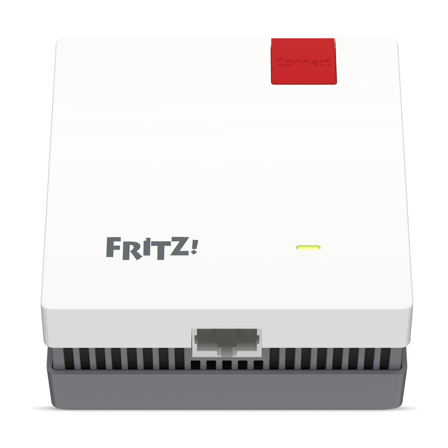 Un router Fritz! bianco con pulsante rosso "Connect" e porta LAN.