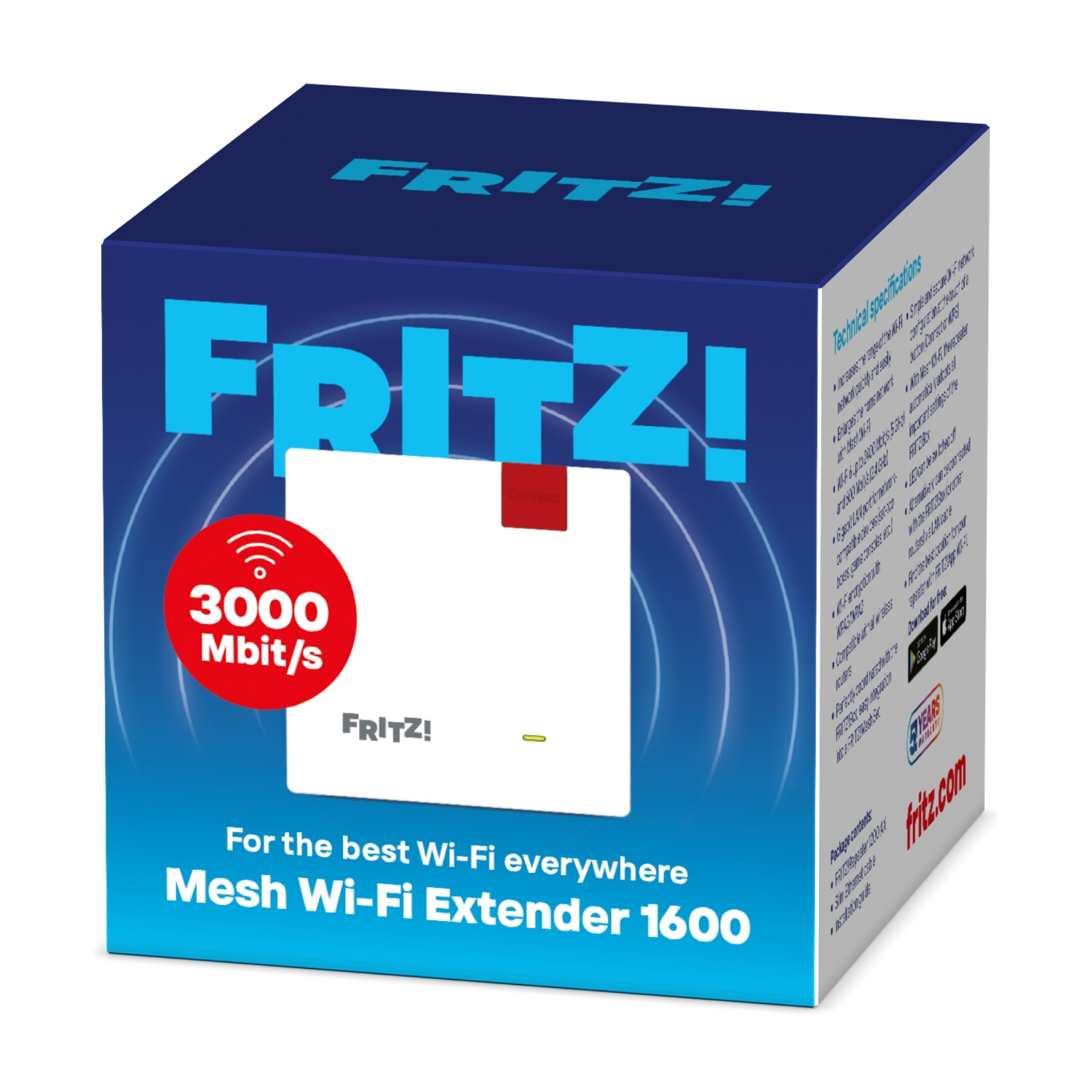 Scatola FRITZ! Mesh Wi-Fi Extender 1600 con indicazione 3000 Mbit/s.