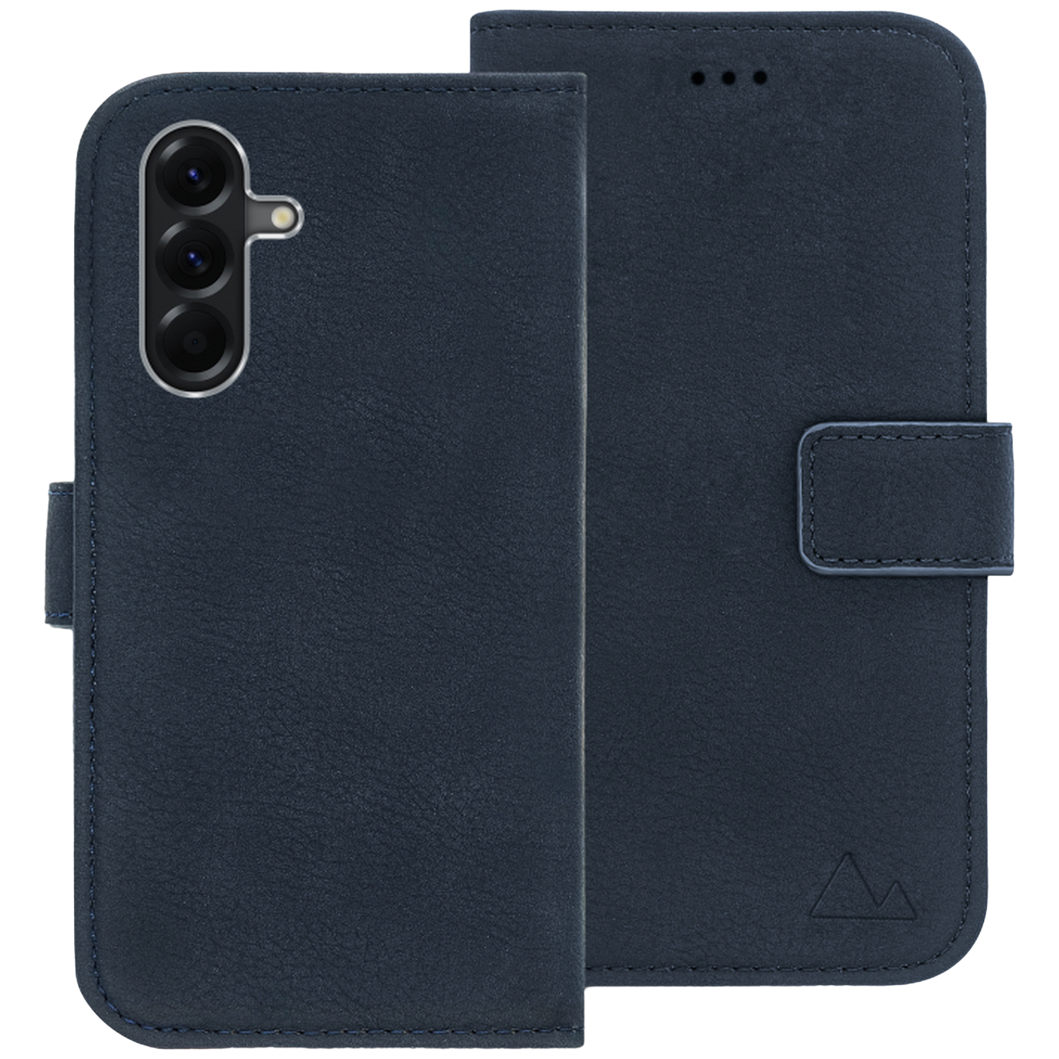 Dark blue phone case with three cameras and a closure.