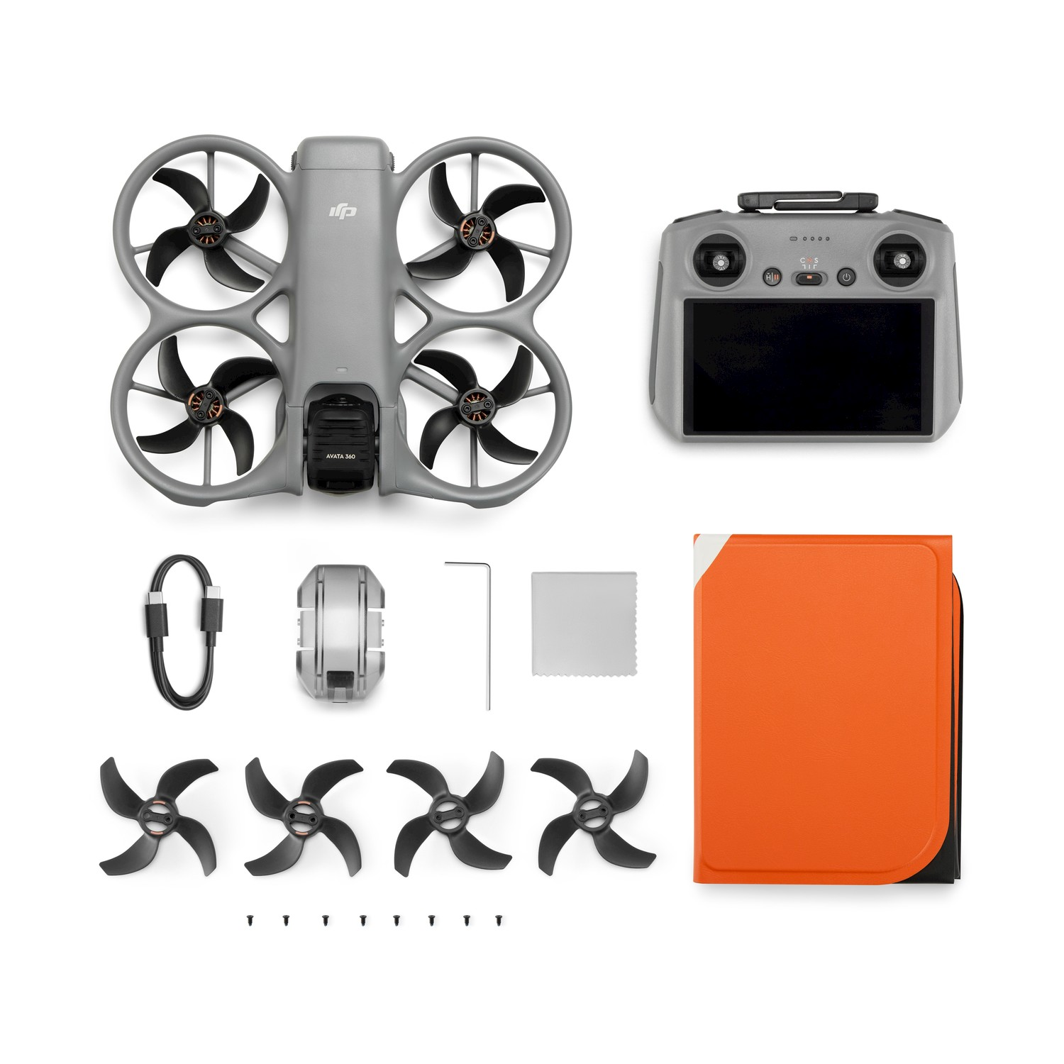 Drone grigio, telecomando, cavo, custodia protettiva, eliche e attrezzi.