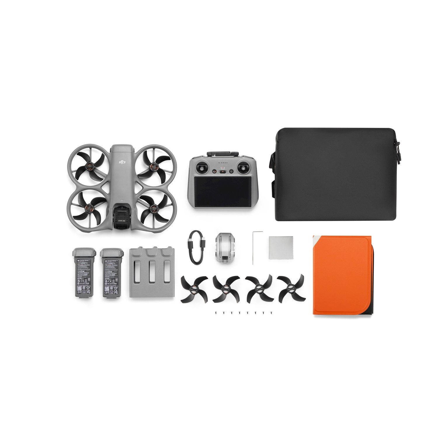 Kit drone DJI Avata grigio con controller, batterie, eliche e custodia.