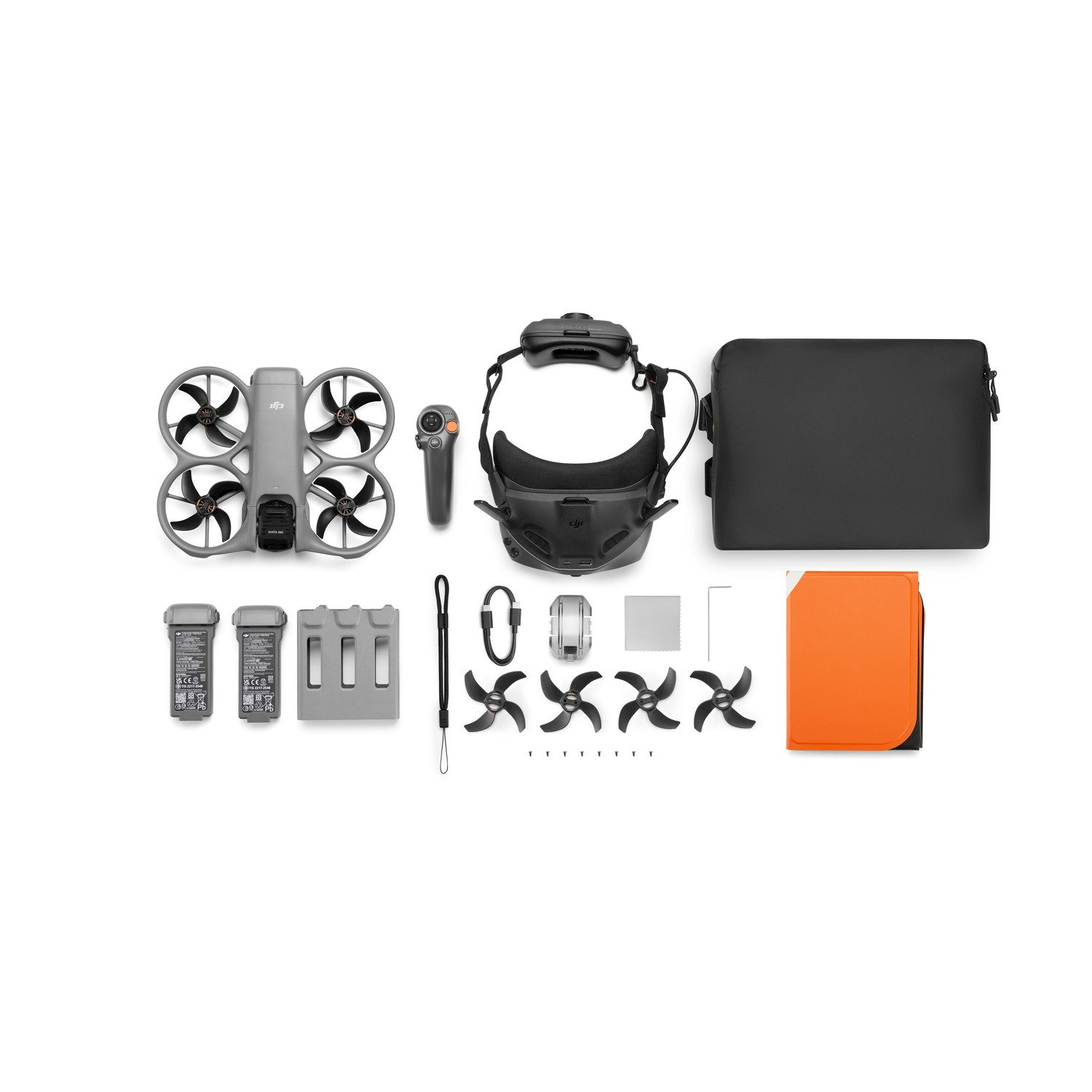 Kit drone DJI Avata grigio con occhiali, controller, batterie e accessori.