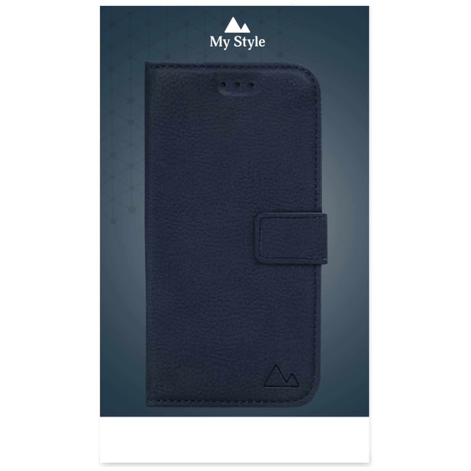 Dark blue leather phone case with snap closure and mountain logo.