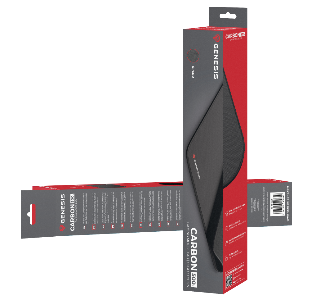 Opakowanie podkładki gamingowej Genesis Carbon 500 z logo i zdjęciem.