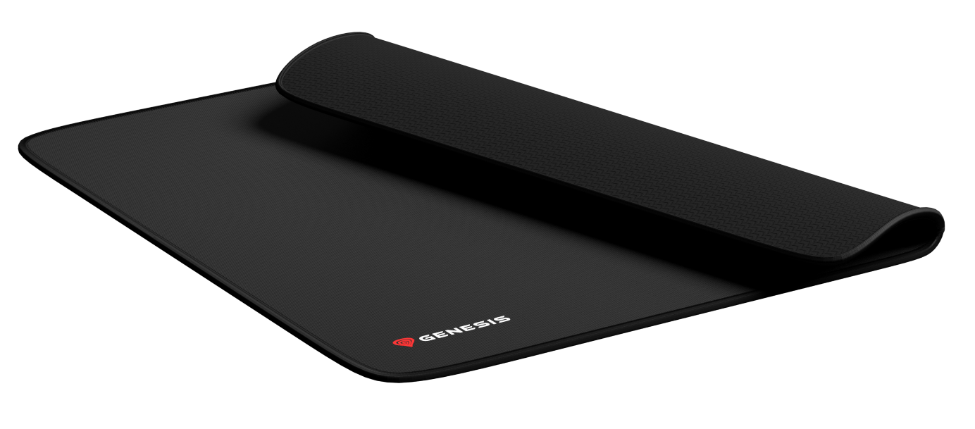 Czarna podkładka pod mysz gamingowa z prążkowaną krawędzią i czerwonym logo Genesis.