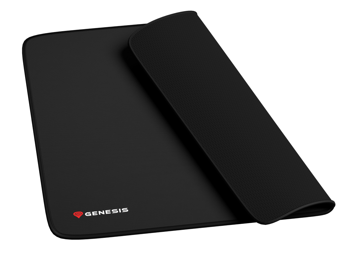 Czarna podkładka pod mysz z czerwonym logo Genesis, jeden róg podniesiony.