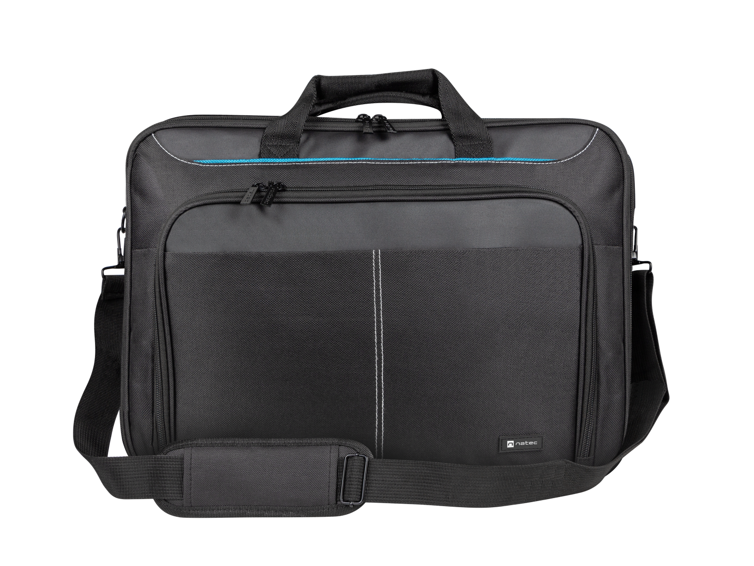 Czarna torba na laptopa z uchwytami, paskiem na ramię i niebieskimi akcentami.