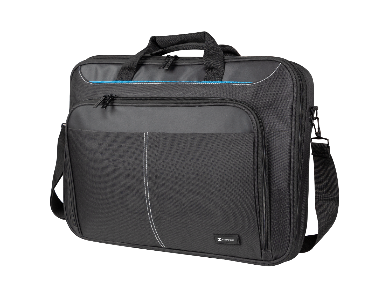 Czarna torba na laptopa z uchwytami, paskiem na ramię i niebieskimi akcentami.