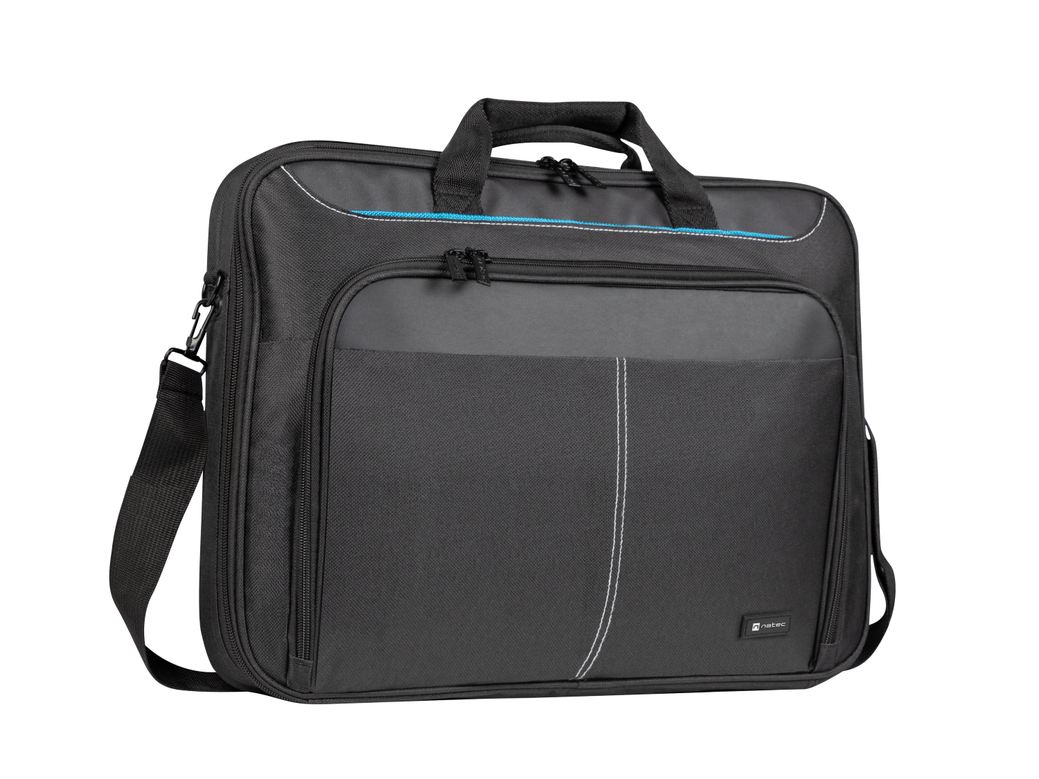 Czarna torba na laptopa z uchwytami, paskiem na ramię i niebieskimi detalami.