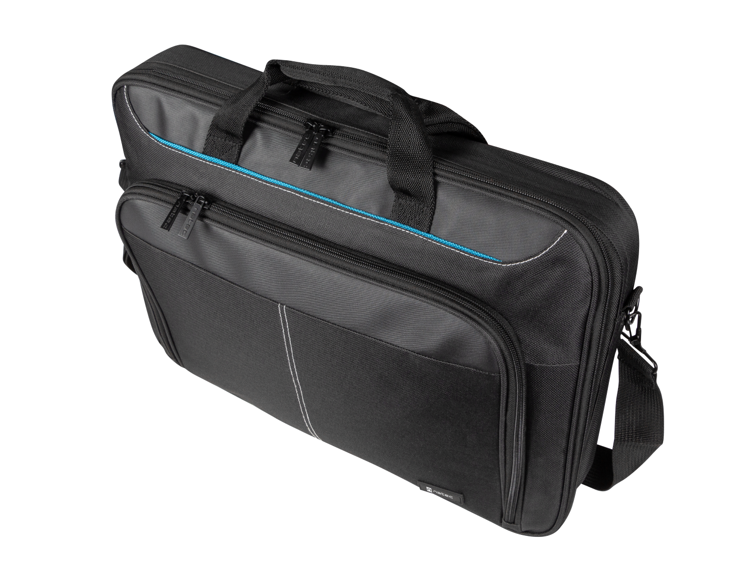 Czarna torba na laptopa z dwoma uchwytami, zamkami i niebieskimi akcentami.