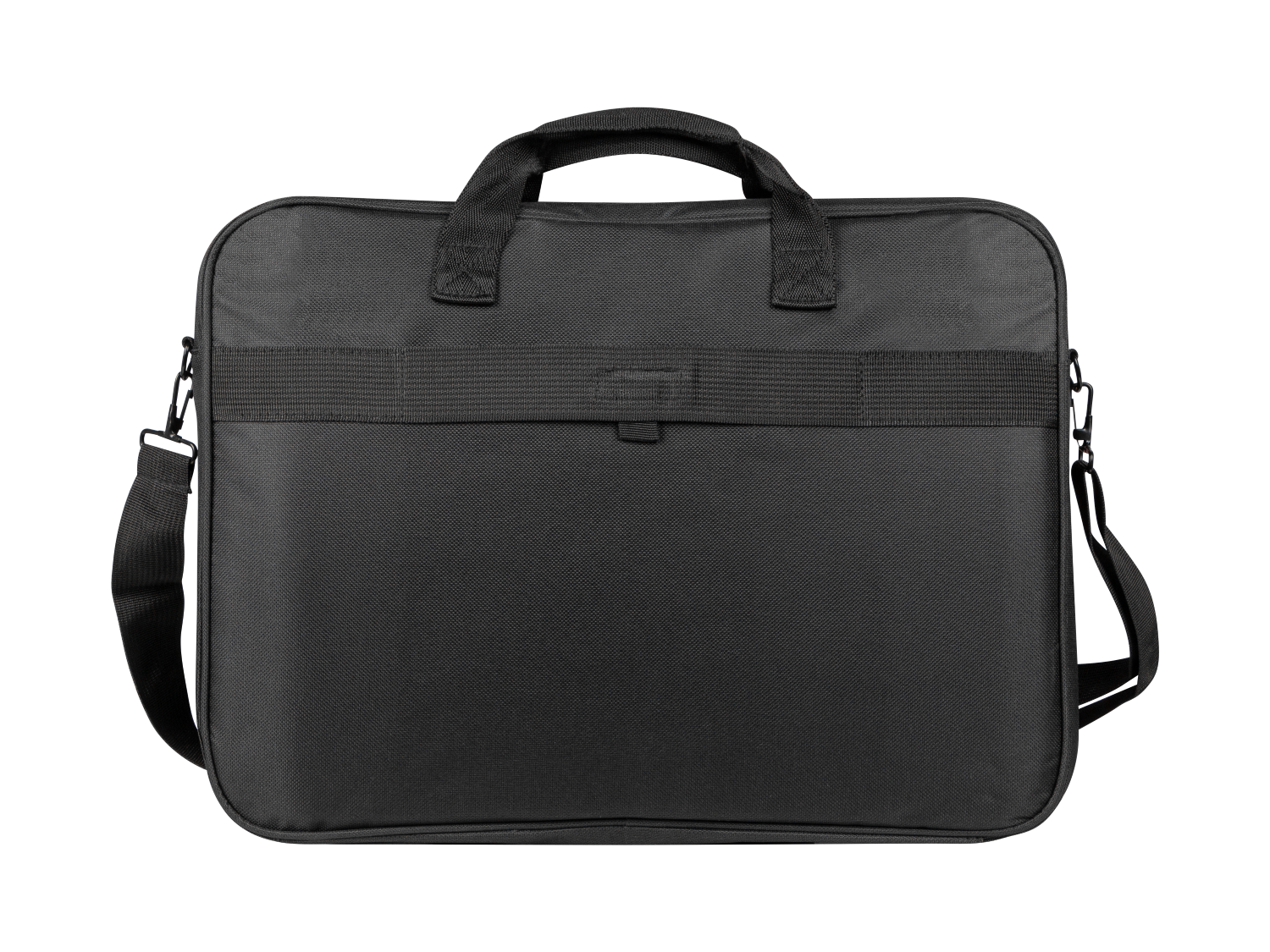 Czarna torba na laptopa z uchwytami i paskiem na ramię na czarnym tle.