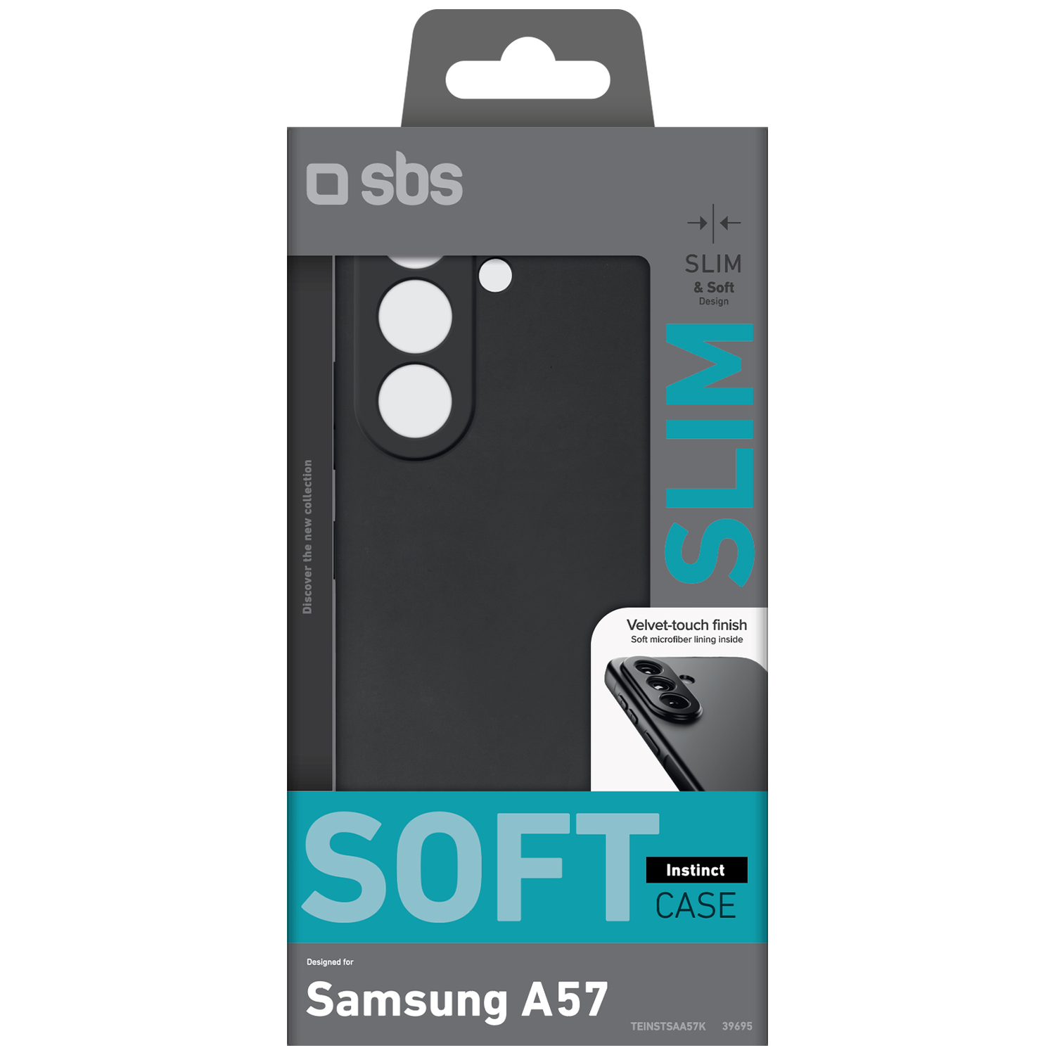 Packaging for a black Samsung A57 phone case with "SLIM & Soft Design" text.