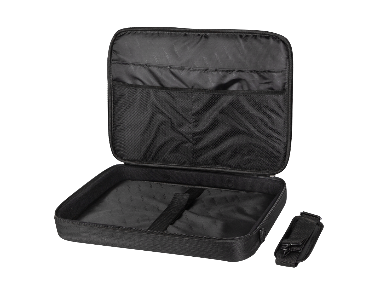 Otwarta czarna torba z paskiem i wewnętrznymi kieszeniami.