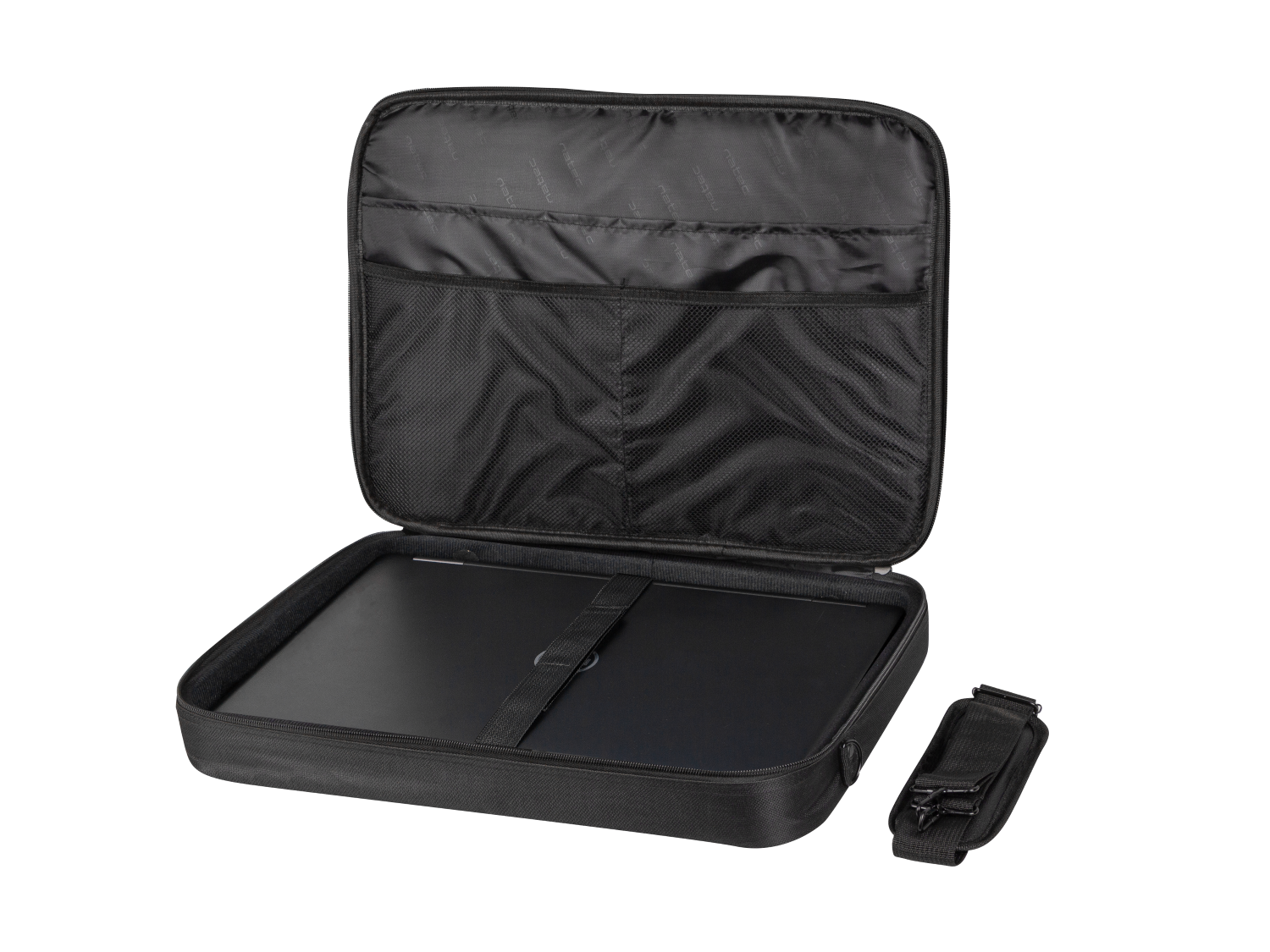 Otwarta czarna torba na laptopa z laptopem w środku i odpinanym paskiem.