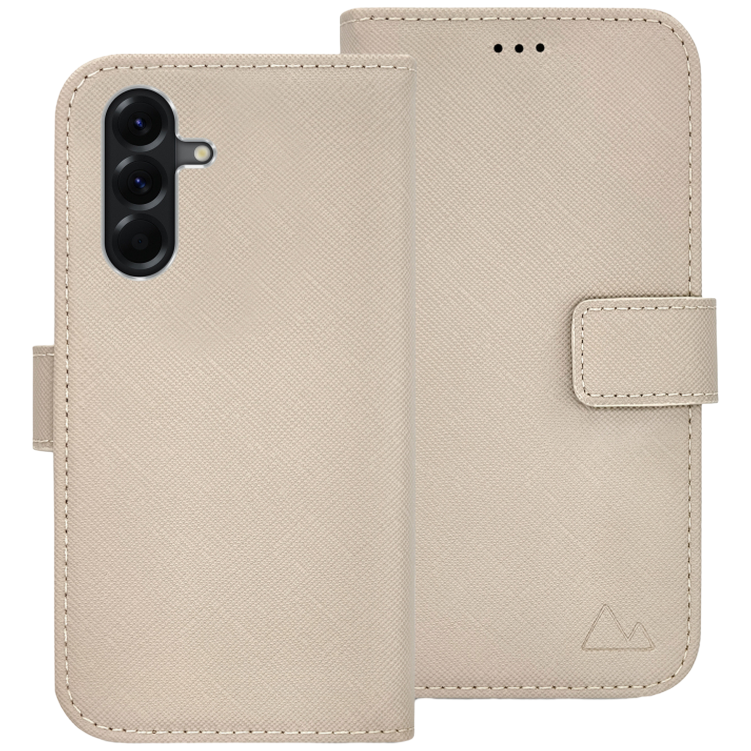 Coque de téléphone beige avec trois caméras et fermeture magnétique.