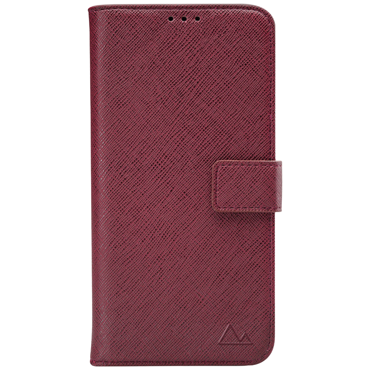 Un étui de téléphone bordeaux à motif texturé et fermeture magnétique.