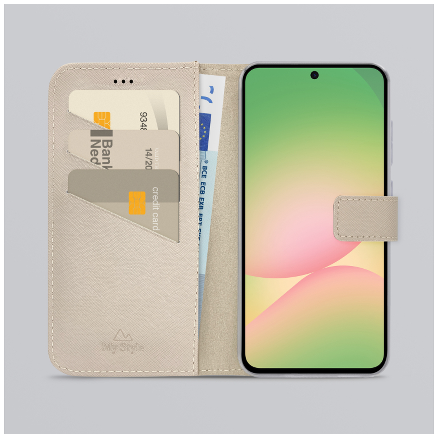Un étui portefeuille beige pour téléphone avec fentes pour cartes, billet et smartphone.