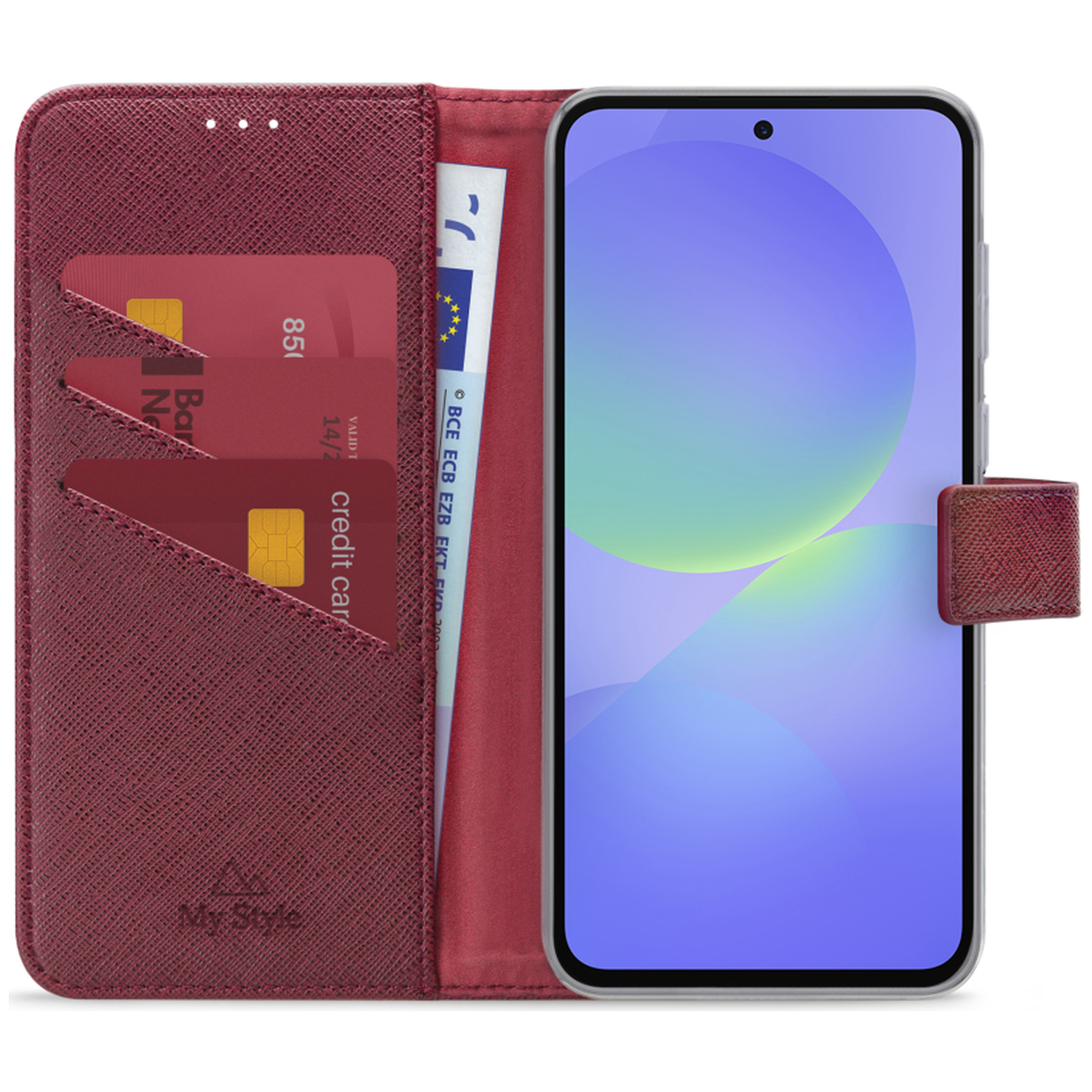 Un étui portefeuille rouge avec cartes et billet euro, ouvert sur un smartphone.