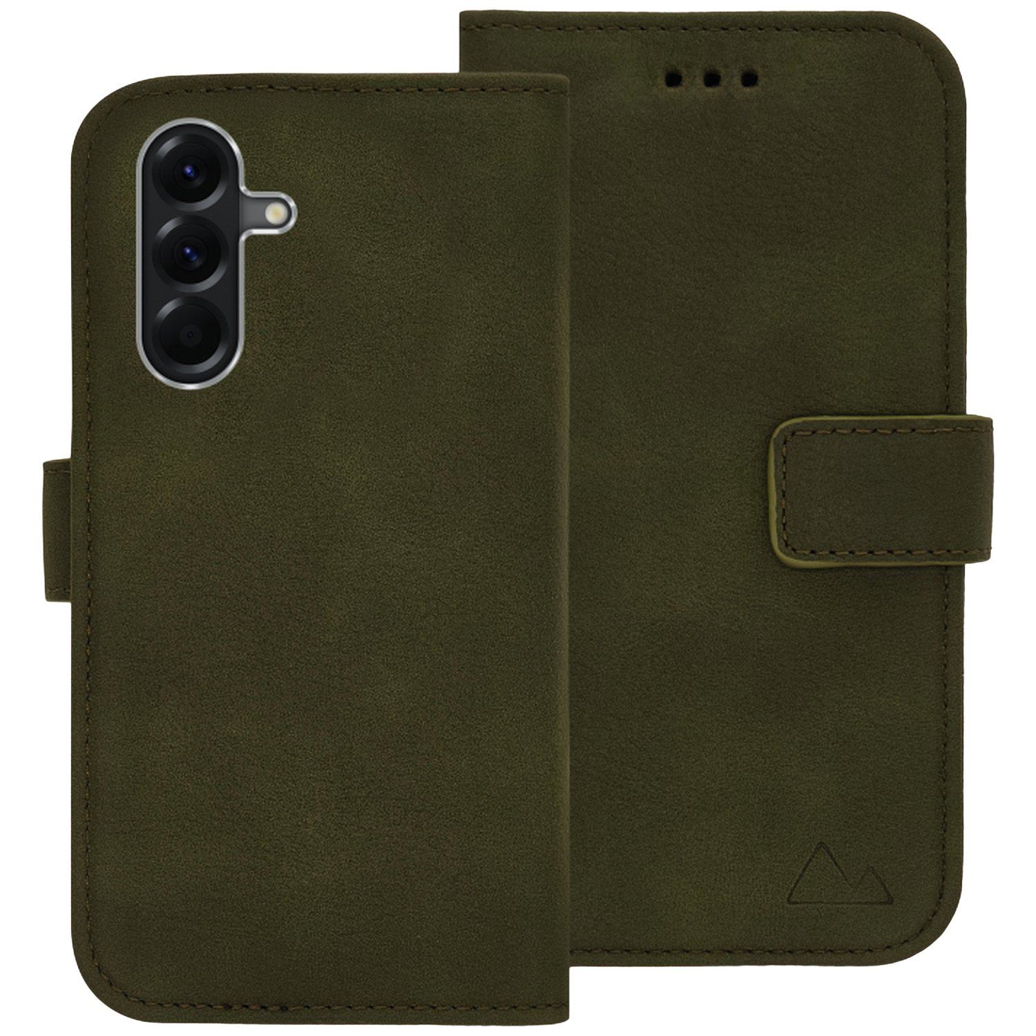 Étui de téléphone vert foncé style portefeuille avec triple appareil photo et fermeture magnétique.