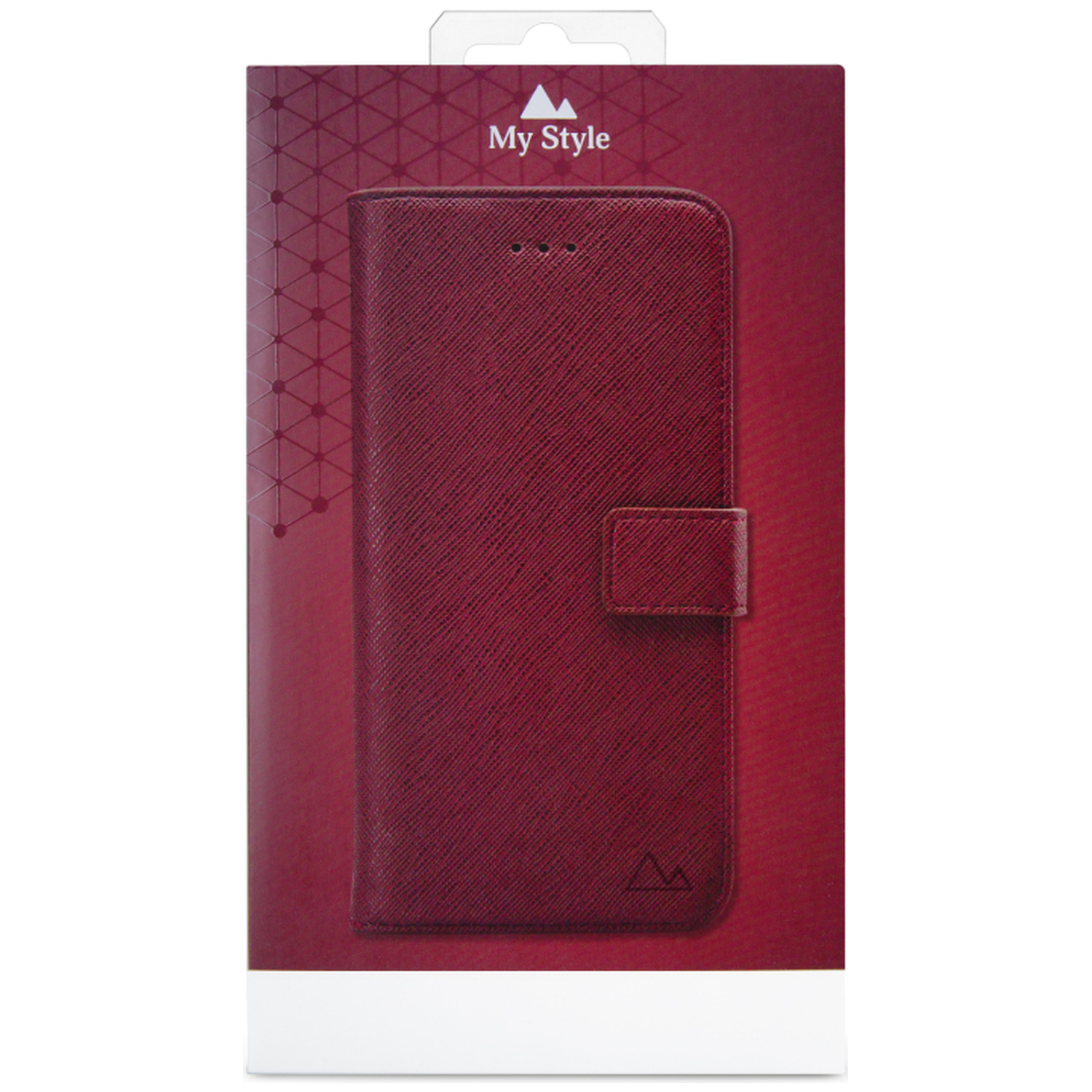 Coque de téléphone rouge à motif et logo "My Style" sur emballage.