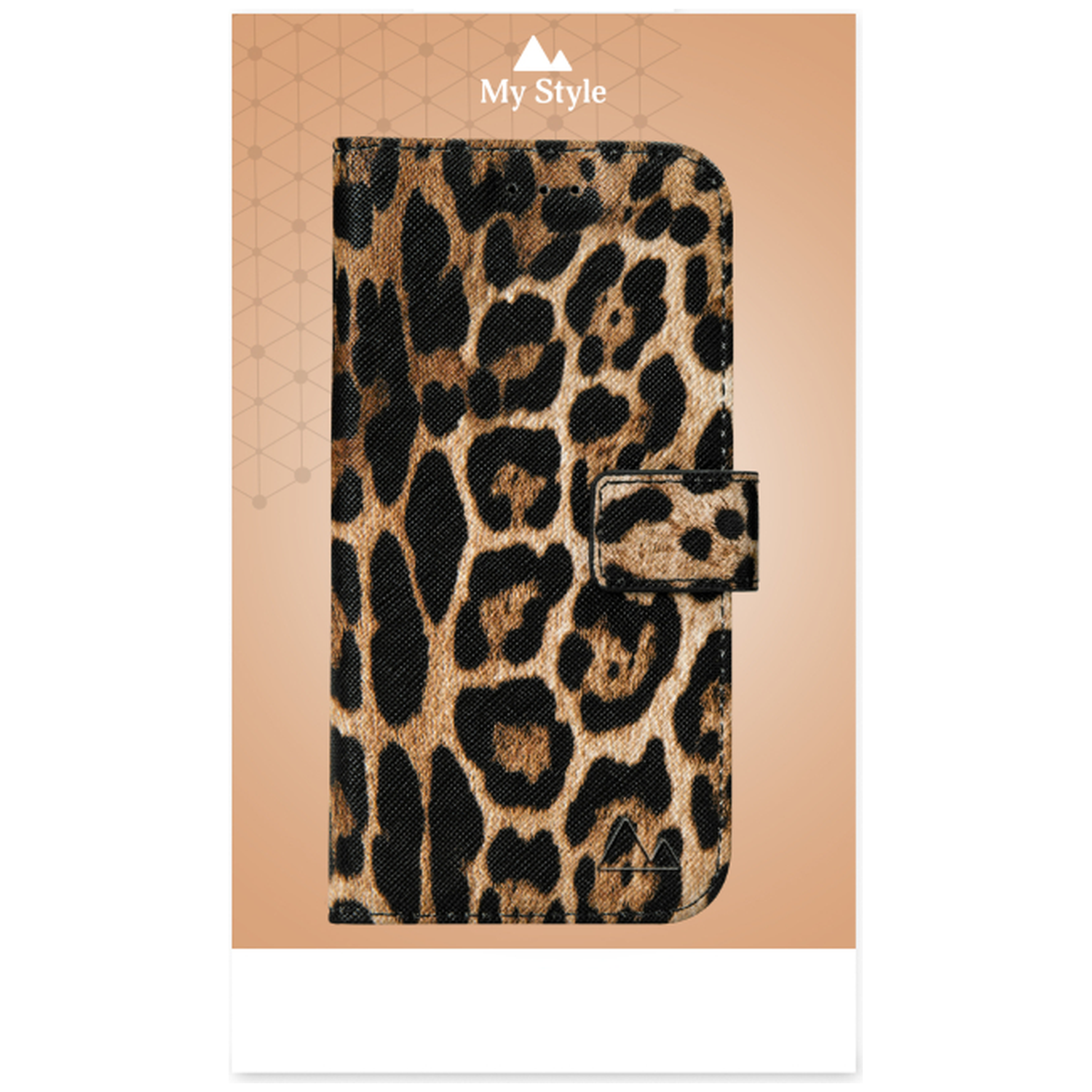 Une coque de téléphone ouverte avec un imprimé léopard et une lanière.