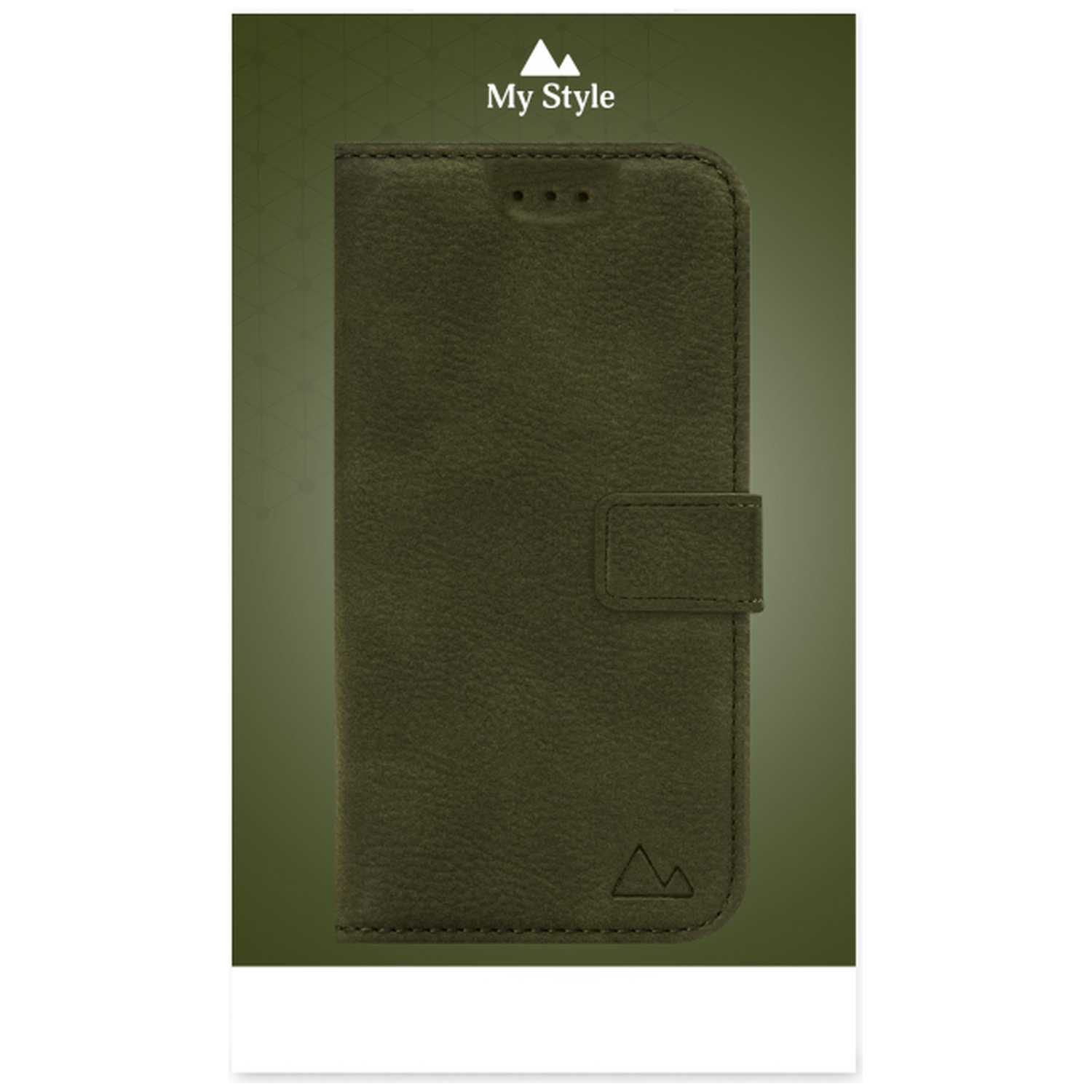 Étui en cuir vert foncé avec fermeture à pression et logo montagne.