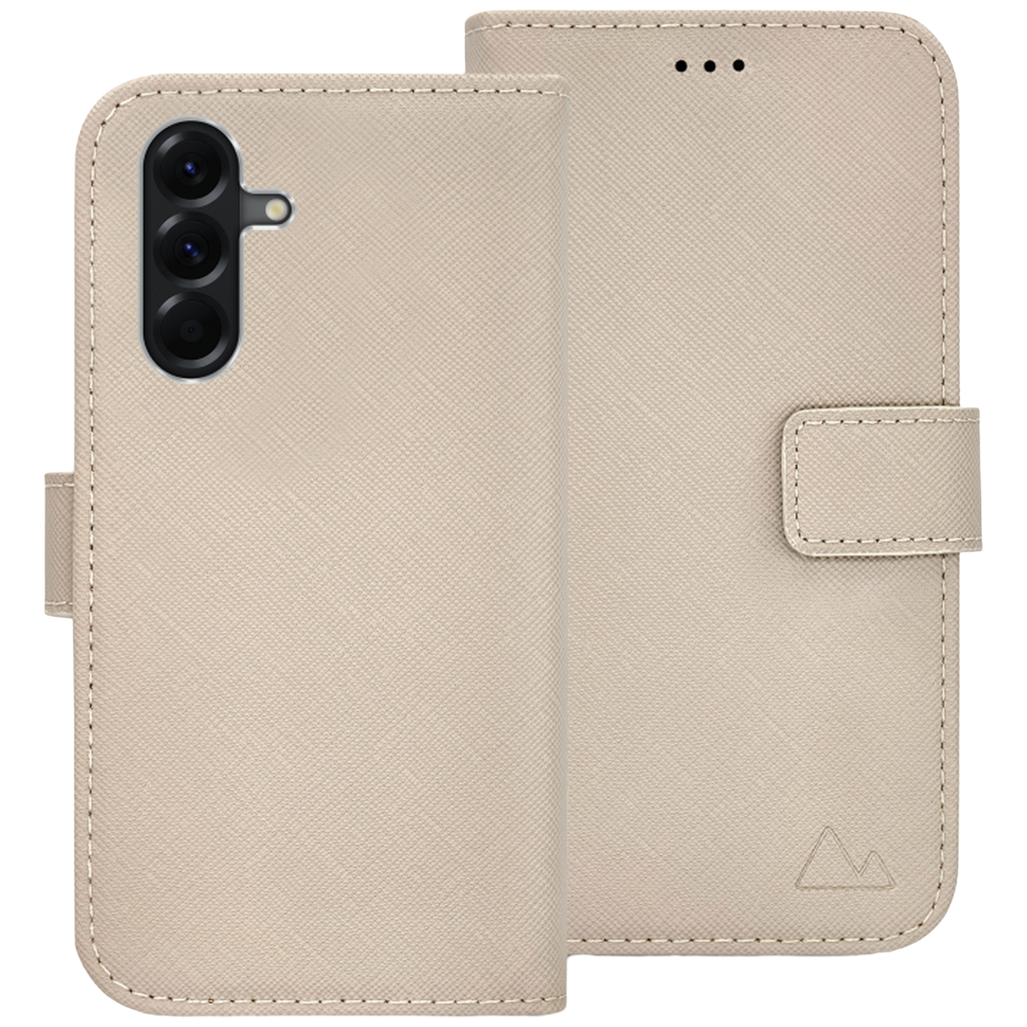 Beige telefoonhoesje met drie cameralenzen en een klep.