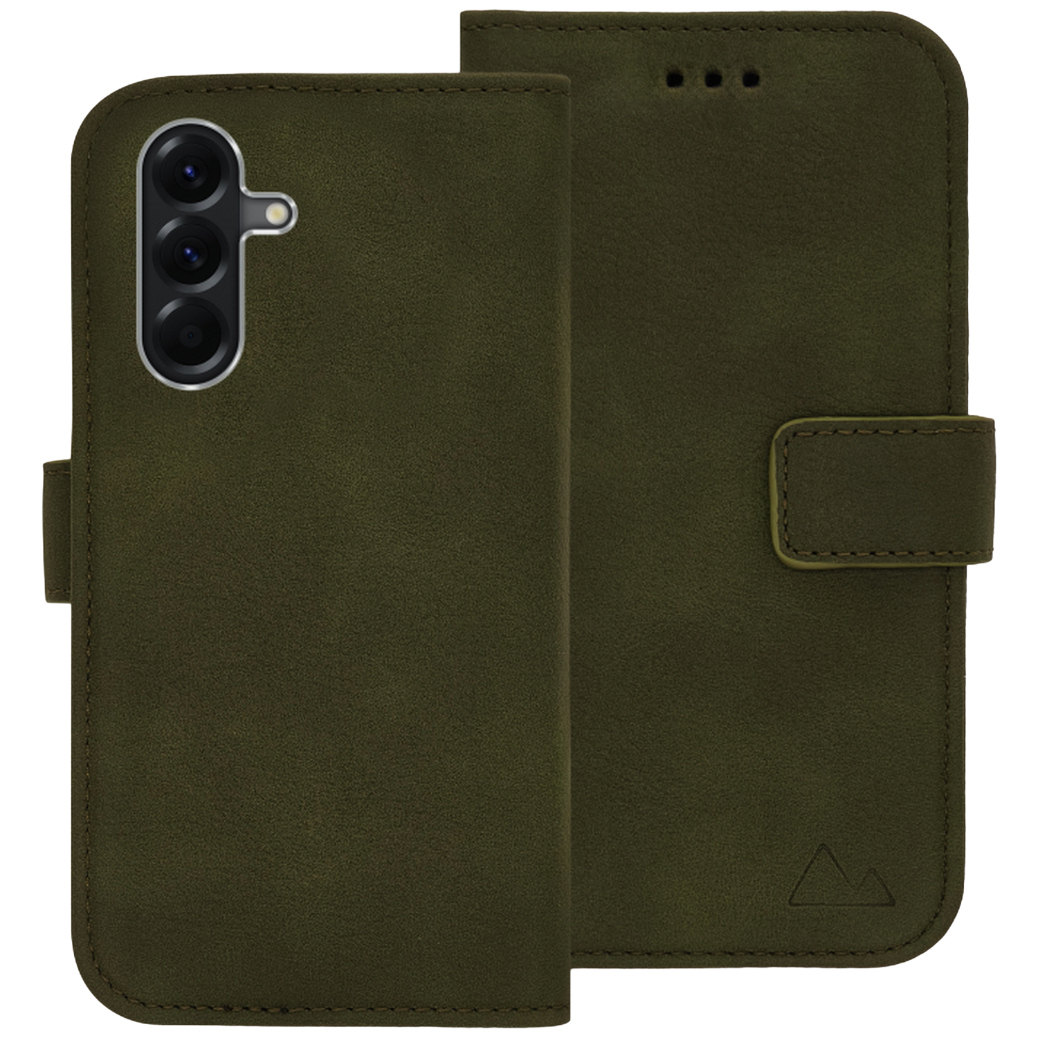Un étui de téléphone en cuir vert avec découpe triple caméra et fermoir magnétique.