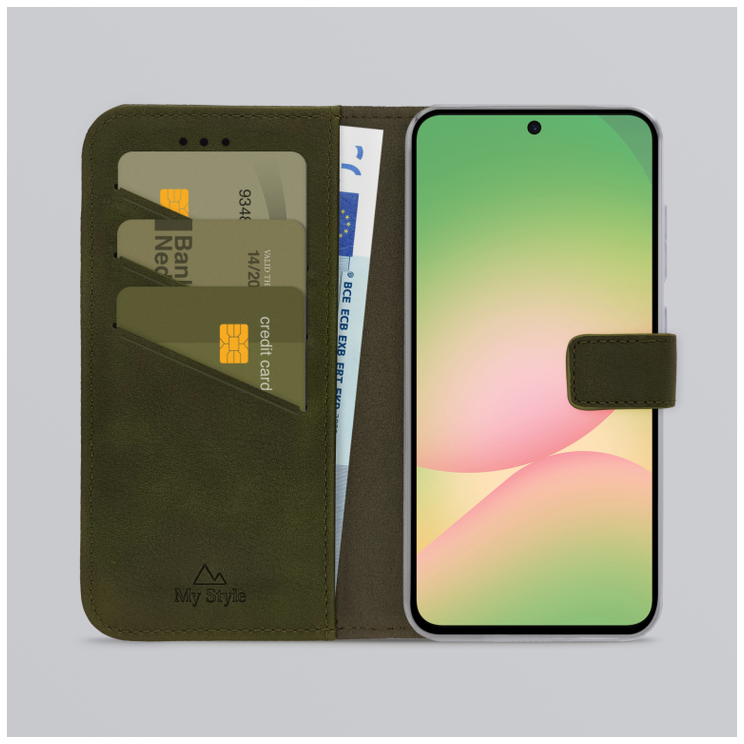 Étui portefeuille vert contenant cartes de crédit et billets en euros, avec emplacement téléphone.