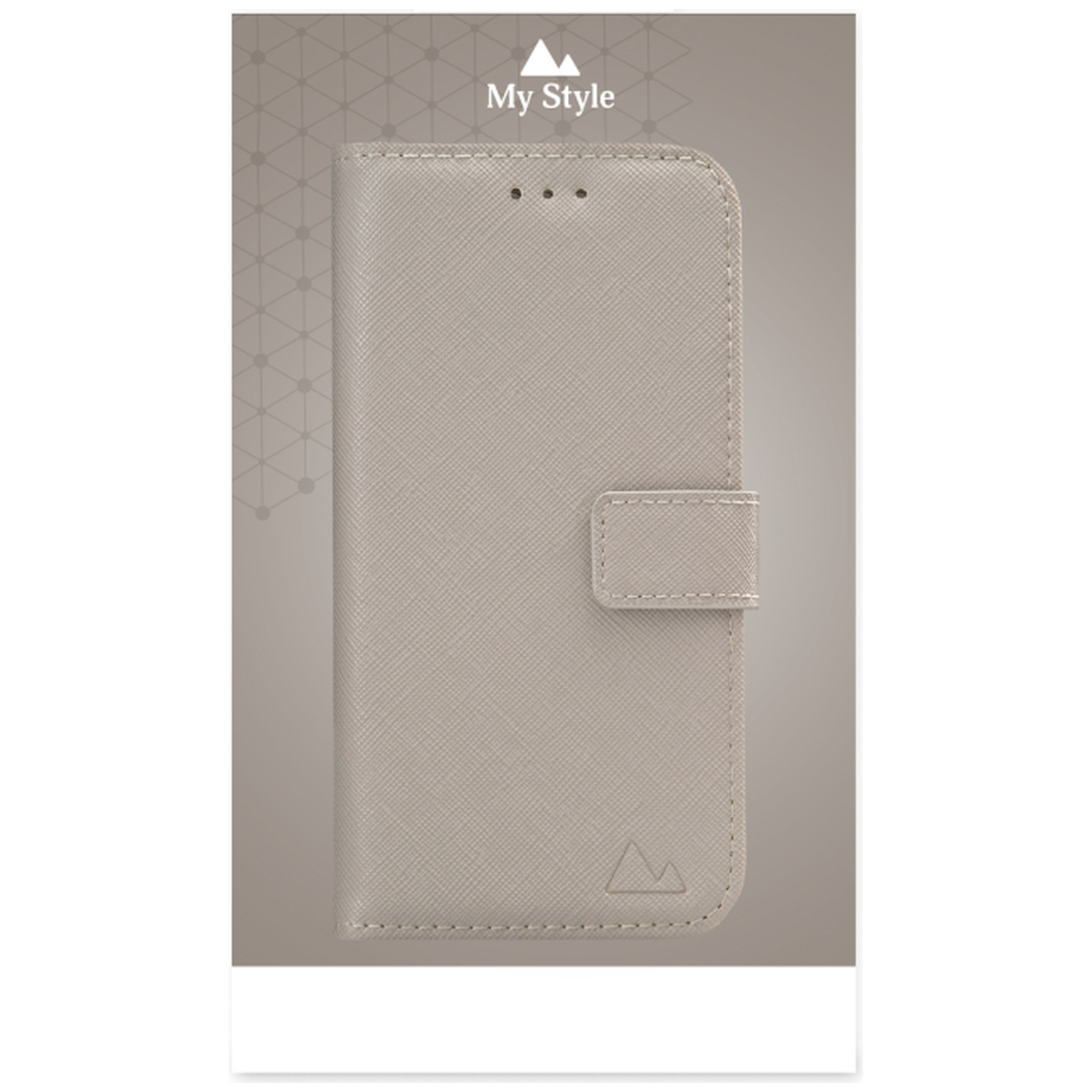 Een beige telefoonhoesje met 'My Style' logo en bergmotief.