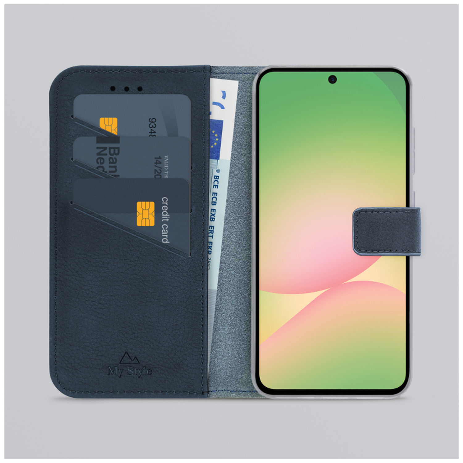 Donkerblauwe open telefoonhoes met kaartsleuven en bankbiljetten.