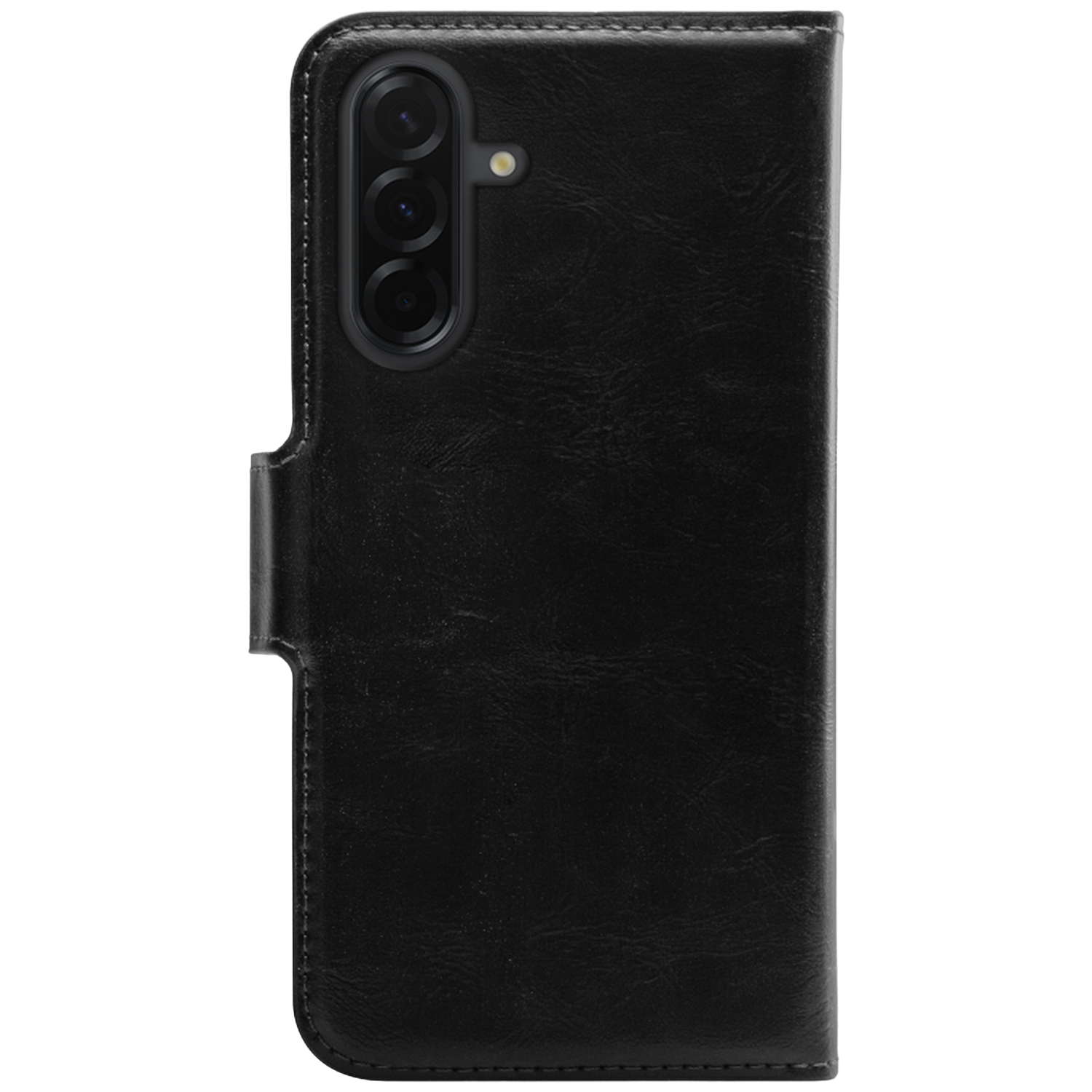 Zwarte leren flipcover voor smartphone met zichtbare cameramodule.