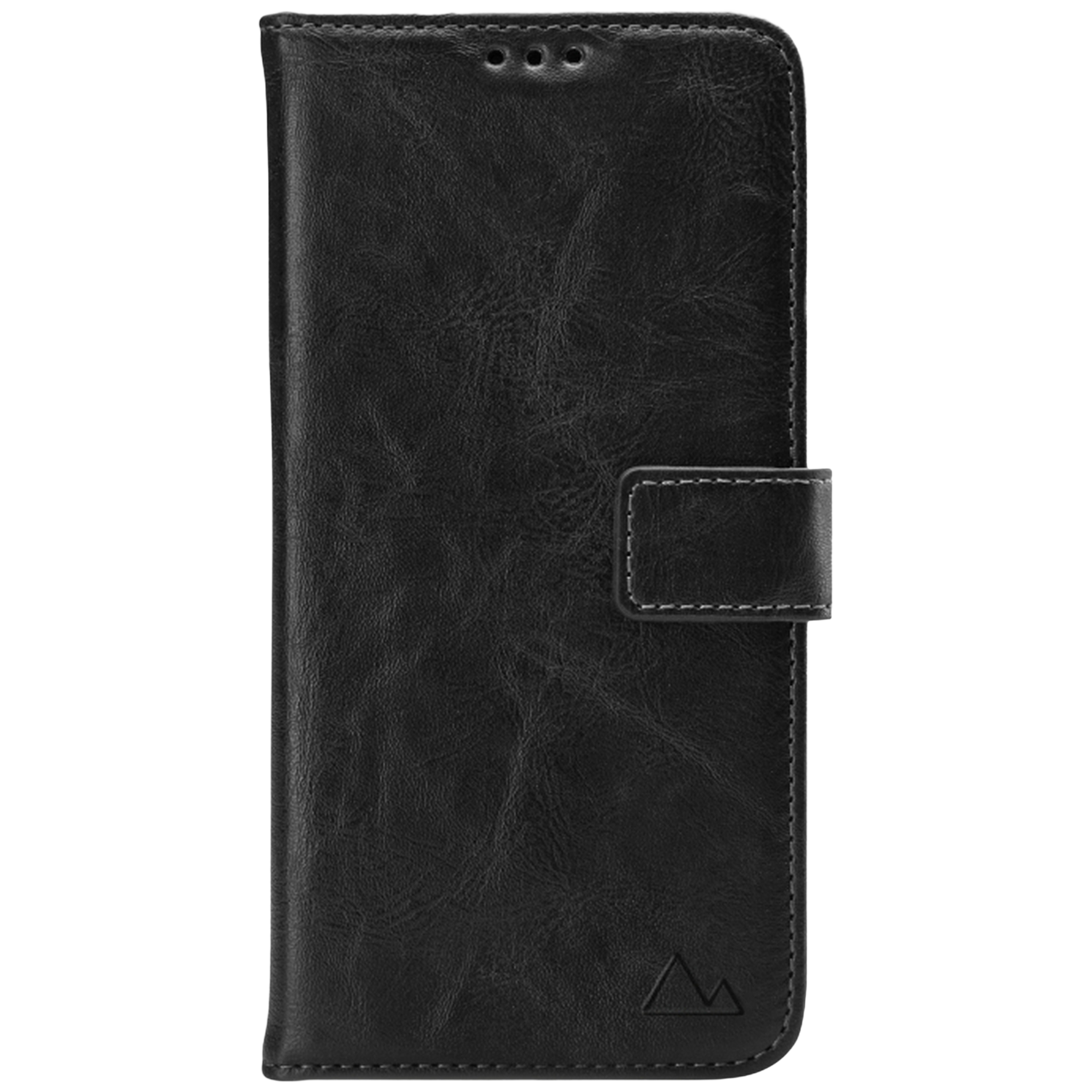 Étui portefeuille en cuir noir avec surpiqûres et logo montagne.