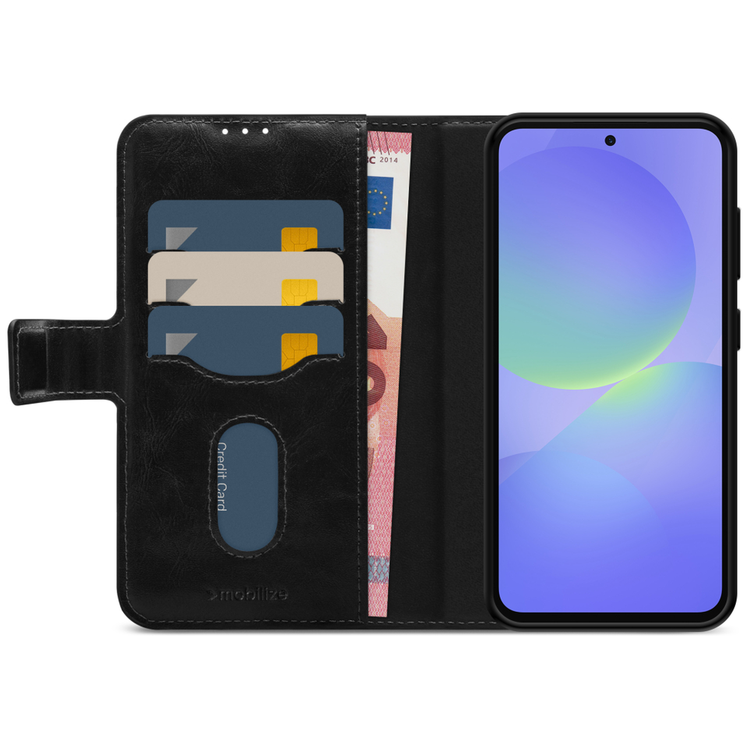 Zwarte portemonnee telefoonhoes met kaartsleuven en geldvak. Telefoon toont kleurrijk scherm.