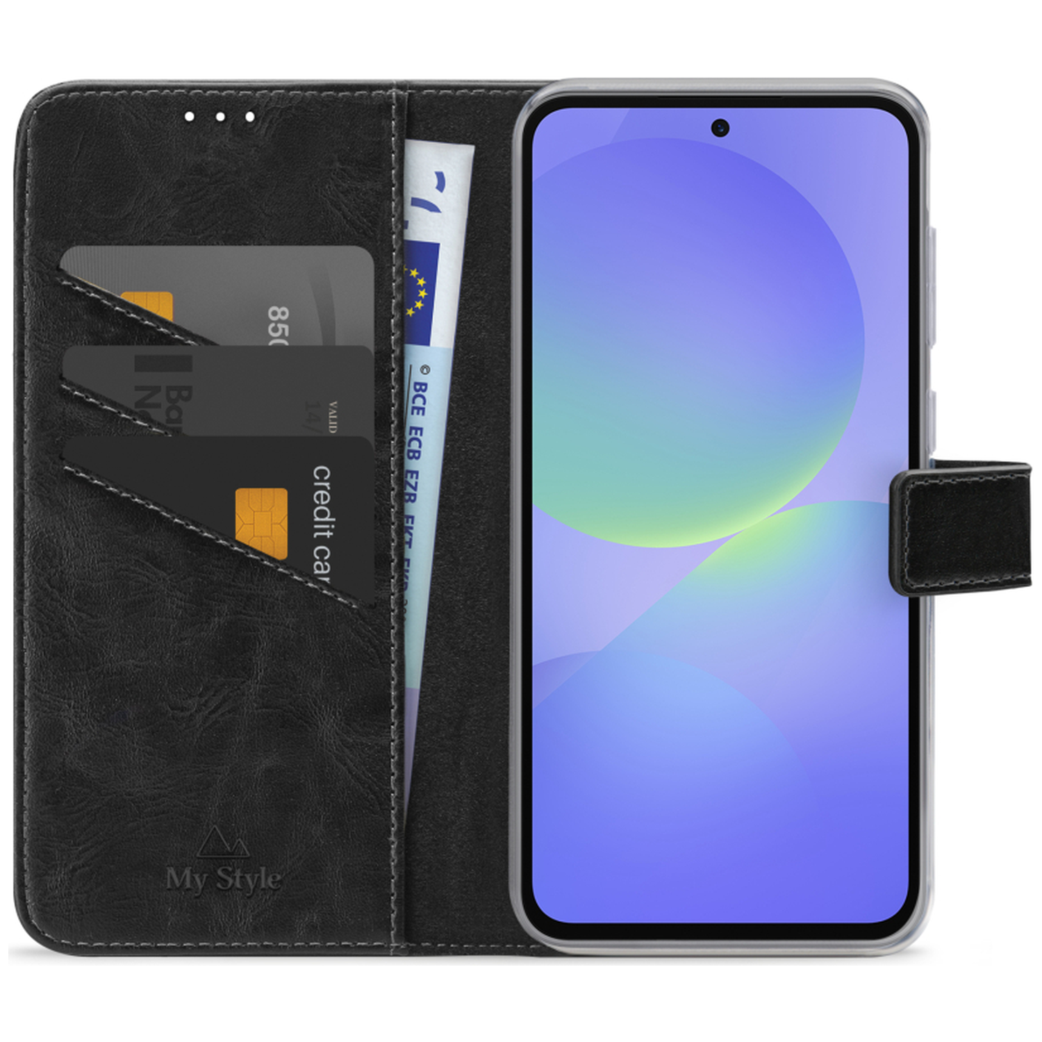 Étui portefeuille noir pour téléphone avec fentes pour cartes et billet. Fermoir fermé.