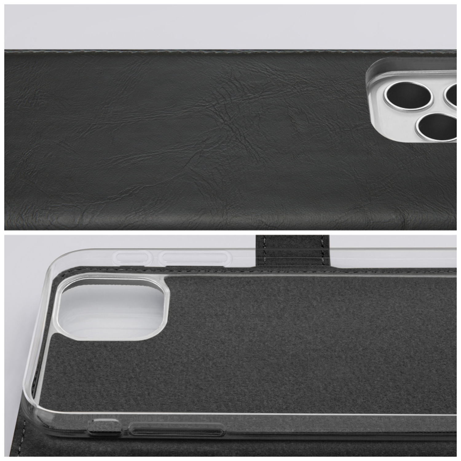 Gros plan d'une coque de téléphone noire montrant la texture et la découpe de l'appareil photo.