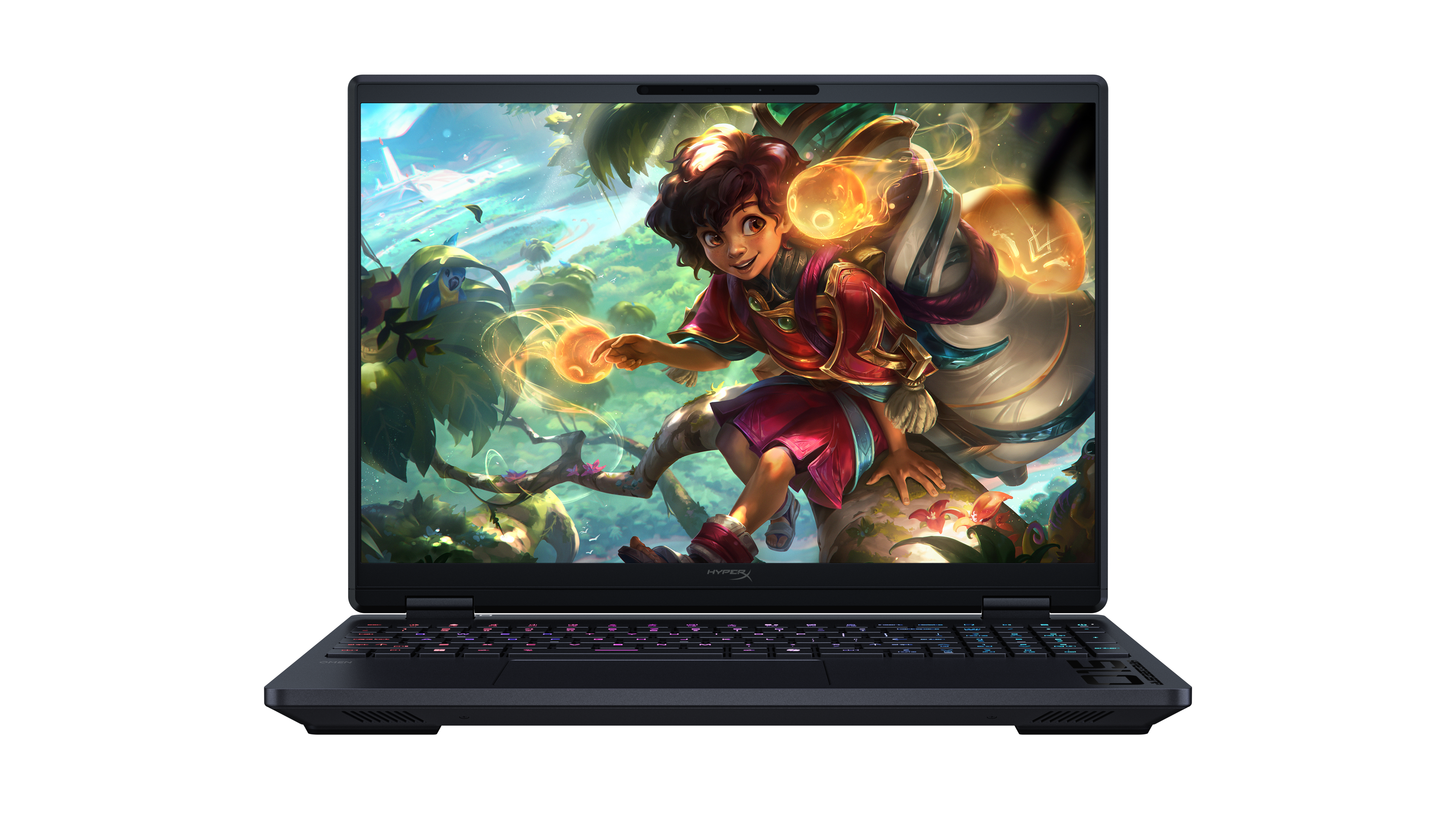 Laptop wyświetla kolorowy obraz fantasy chłopca z magicznymi kulami.