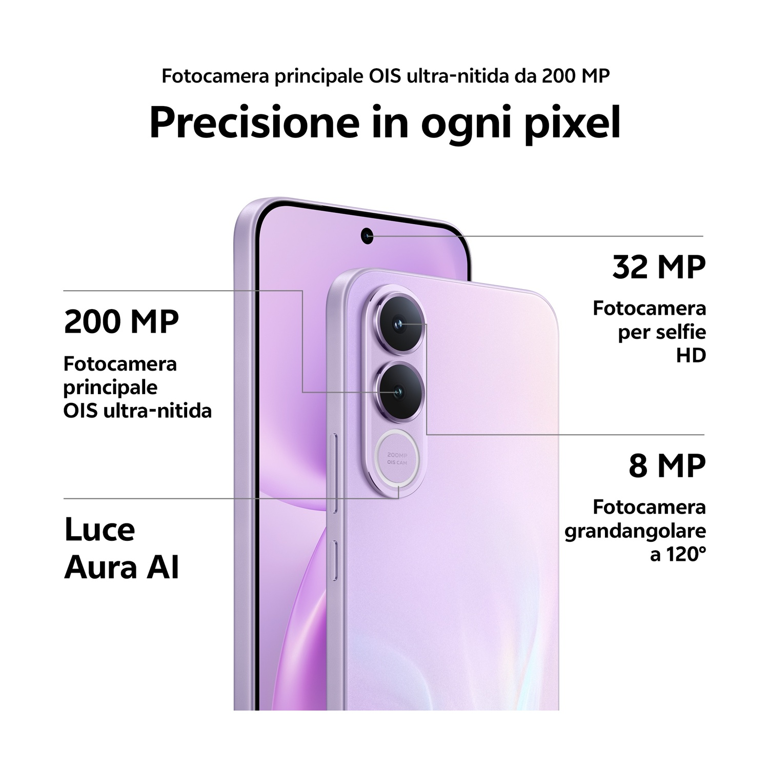 Smartphone viola con tre fotocamere: principale 200MP, selfie 32MP, ultra-grandangolare 8MP.