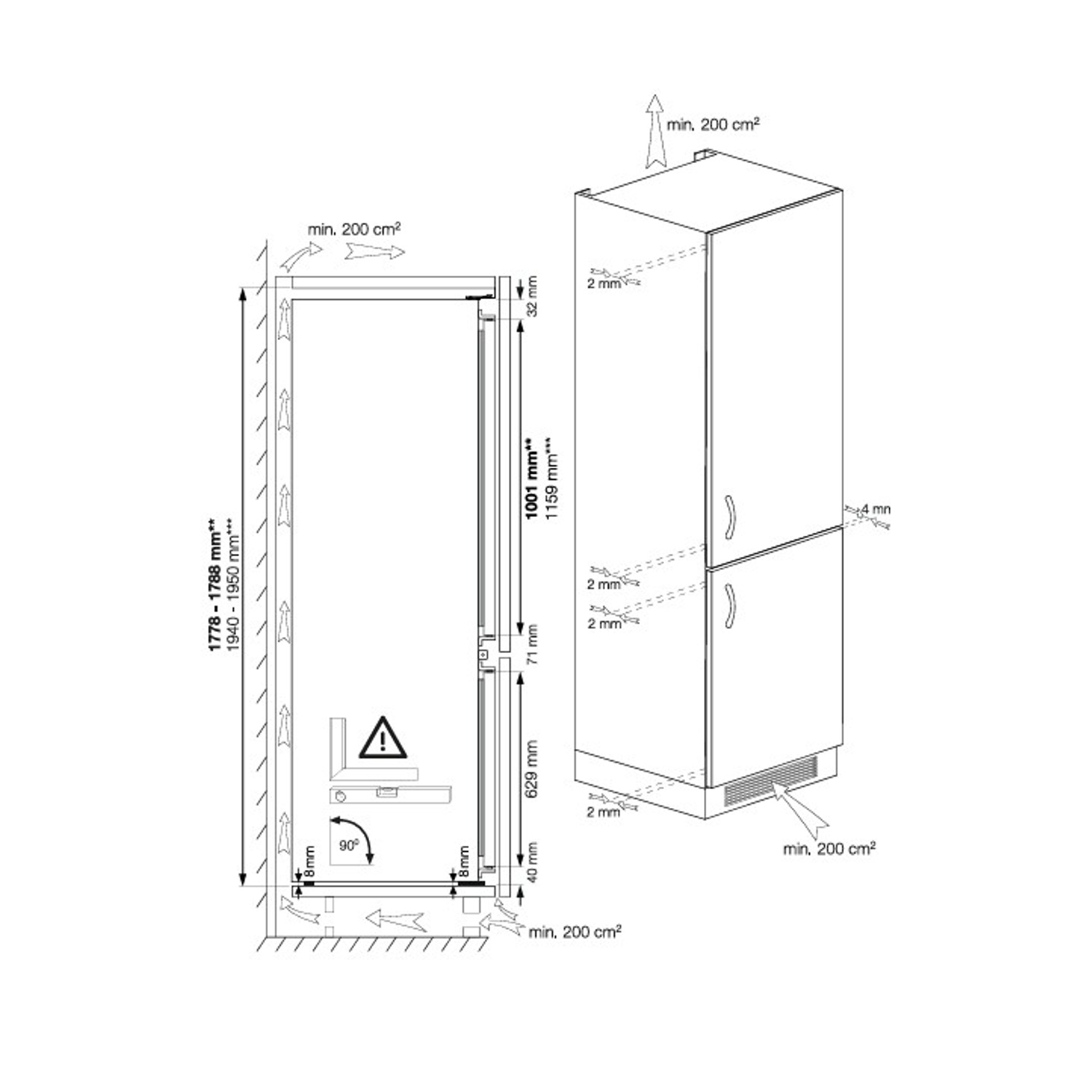 Disegno tecnico di un frigorifero con dimensioni e specifiche di ventilazione.