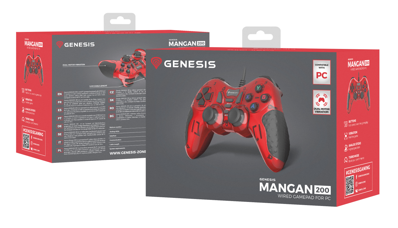 Czerwone opakowanie gamepada PC Genesis Mangan 200 z kontrolerem prezentowanym z przodu i z boku.
